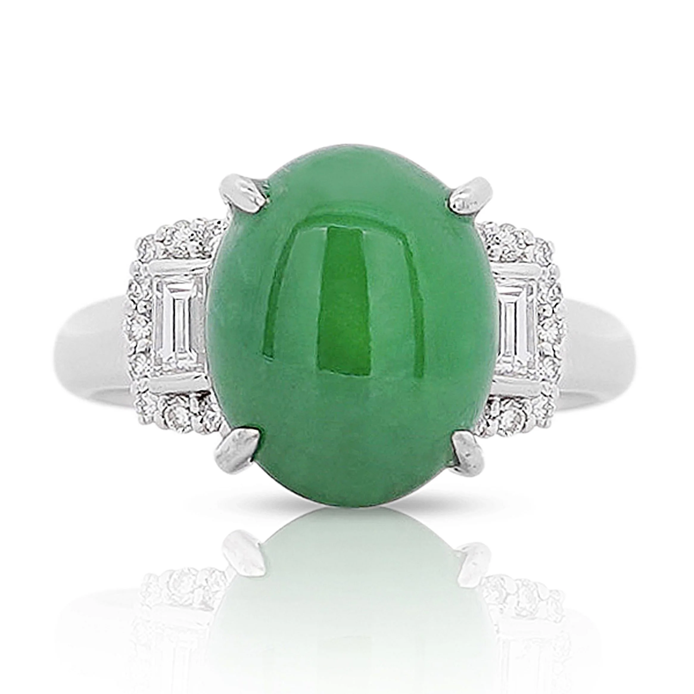 Certified 5.80 Carat Natural Jadeite Jade and Baguette Diamond Platinum Ring
