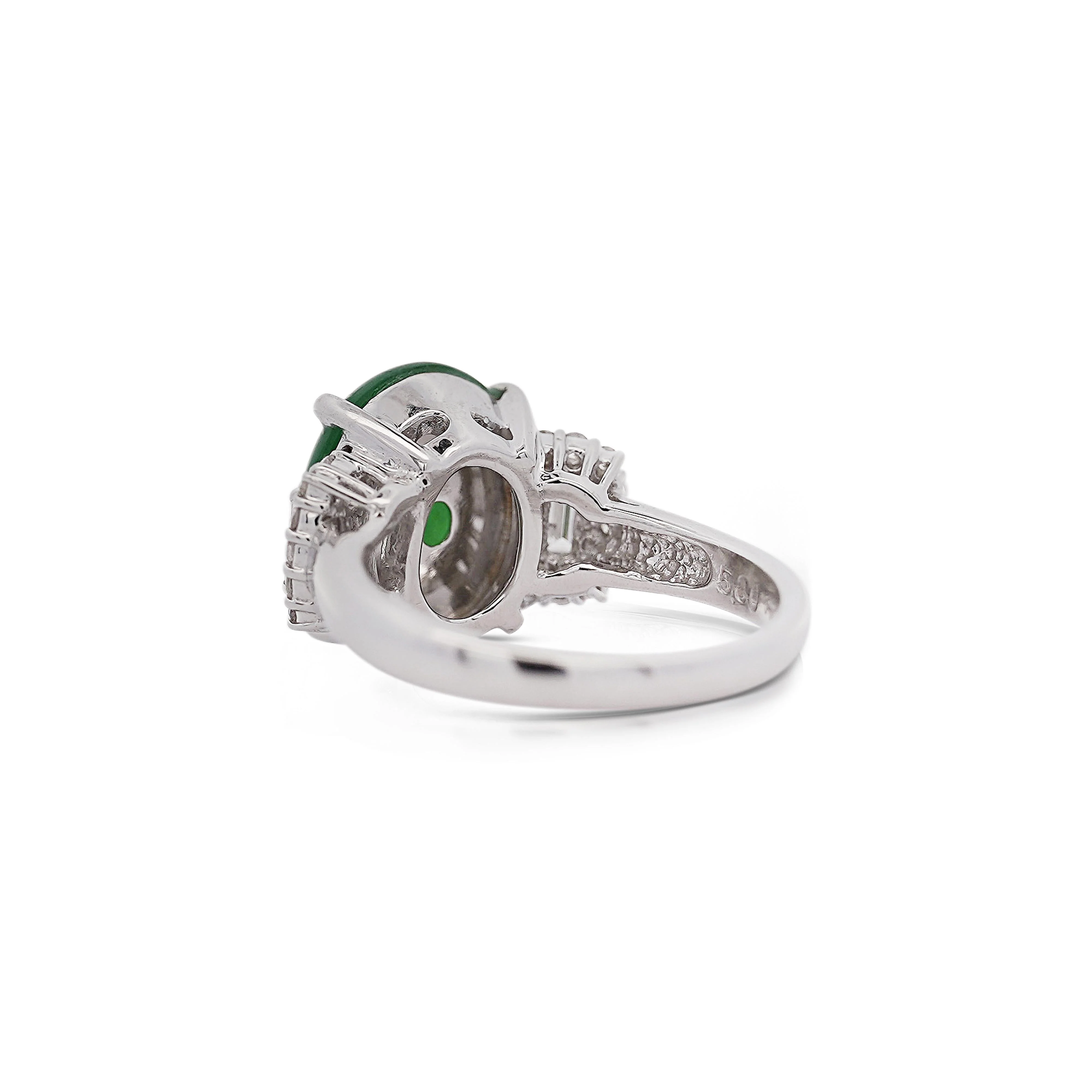 Certified 5.80 Carat Natural Jadeite Jade and Baguette Diamond Platinum Ring - Image 5