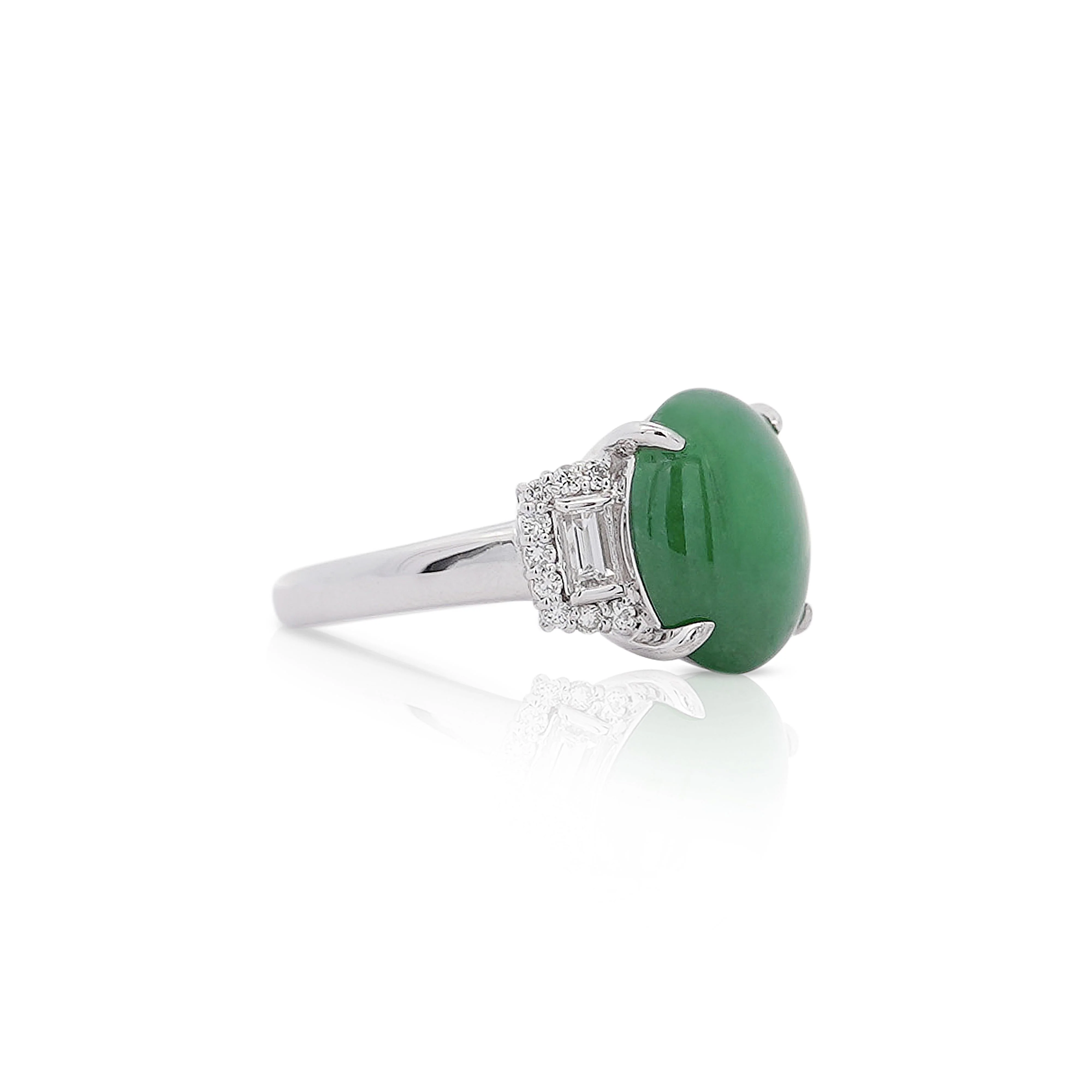 Certified 5.80 Carat Natural Jadeite Jade and Baguette Diamond Platinum Ring - Image 6