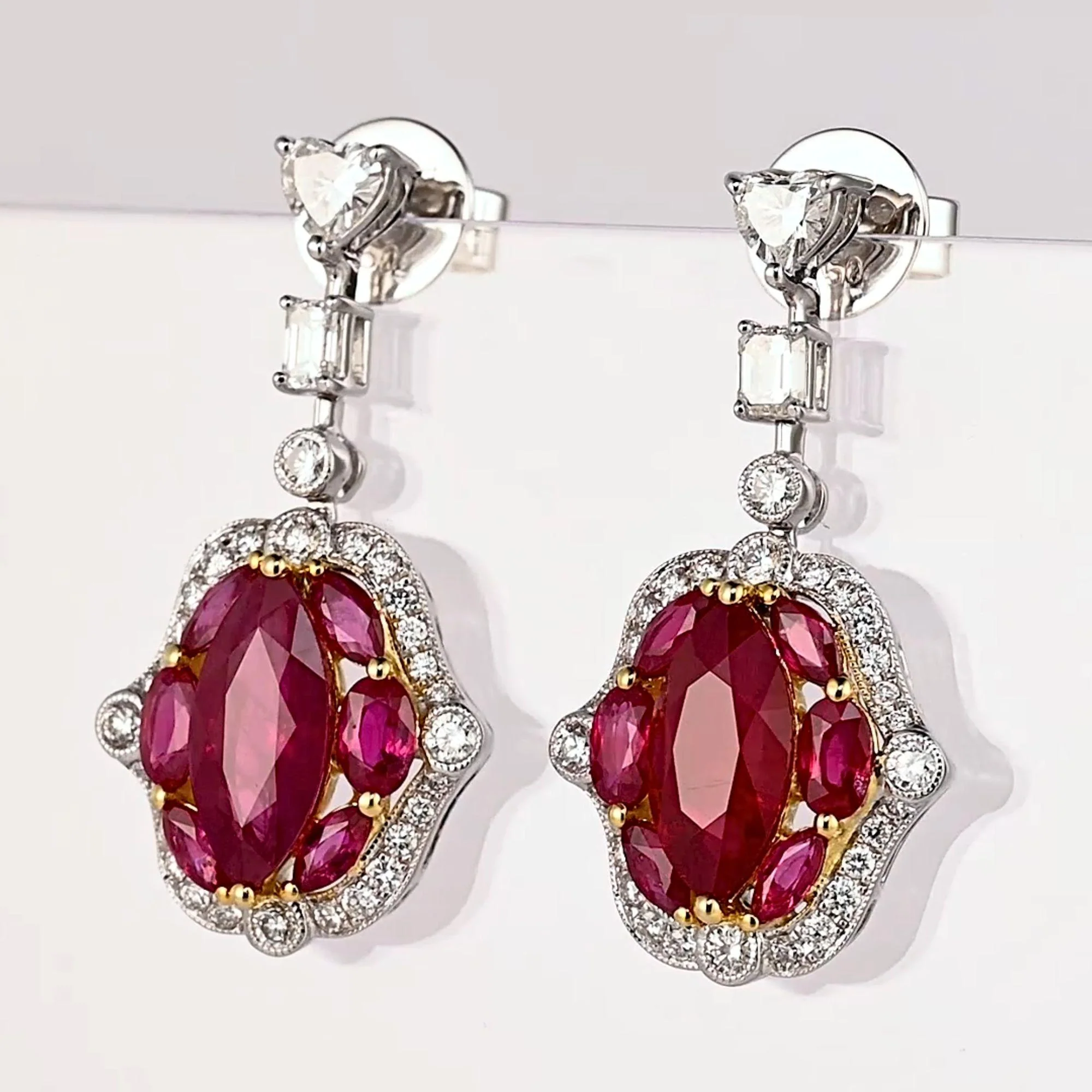 Certified 9.47 Carat Burma Ruby & Diamond Milgrain Chandelier Drop Earrings - Image 2
