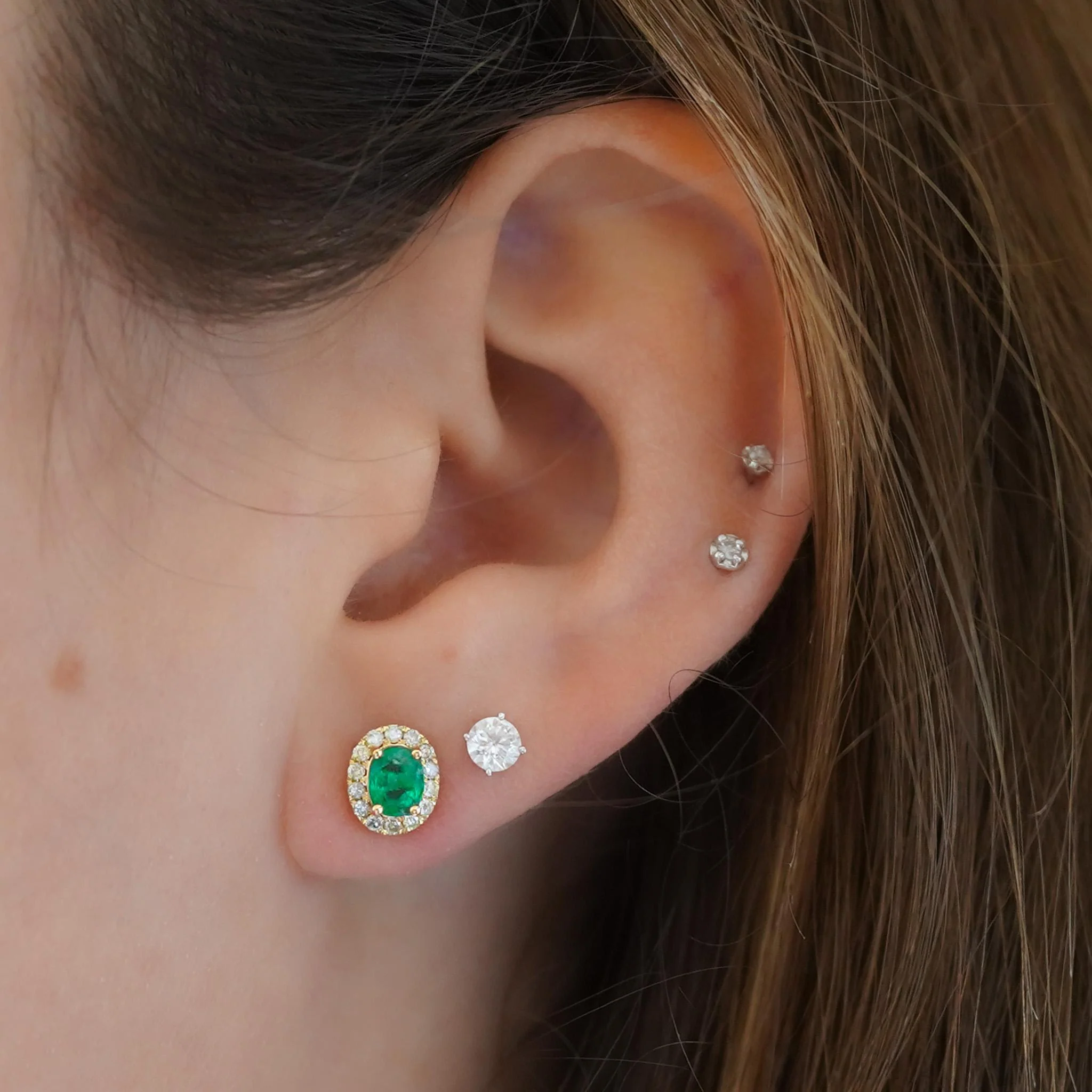 Certified Oval Cut Emerald & Diamond Halo Stud Earring in 14K Gold - Image 2