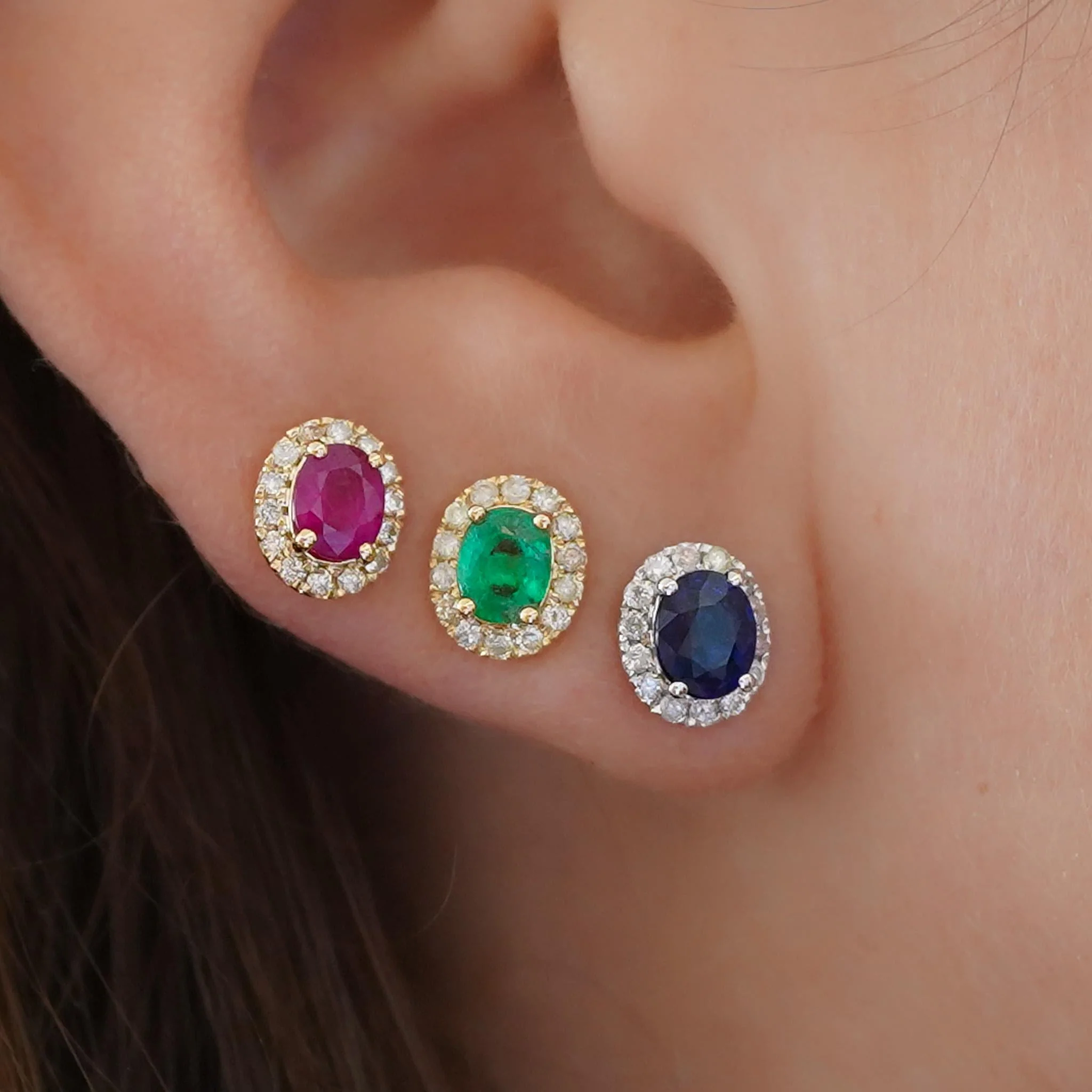 Certified Oval Cut Emerald & Diamond Halo Stud Earring in 14K Gold - Image 5