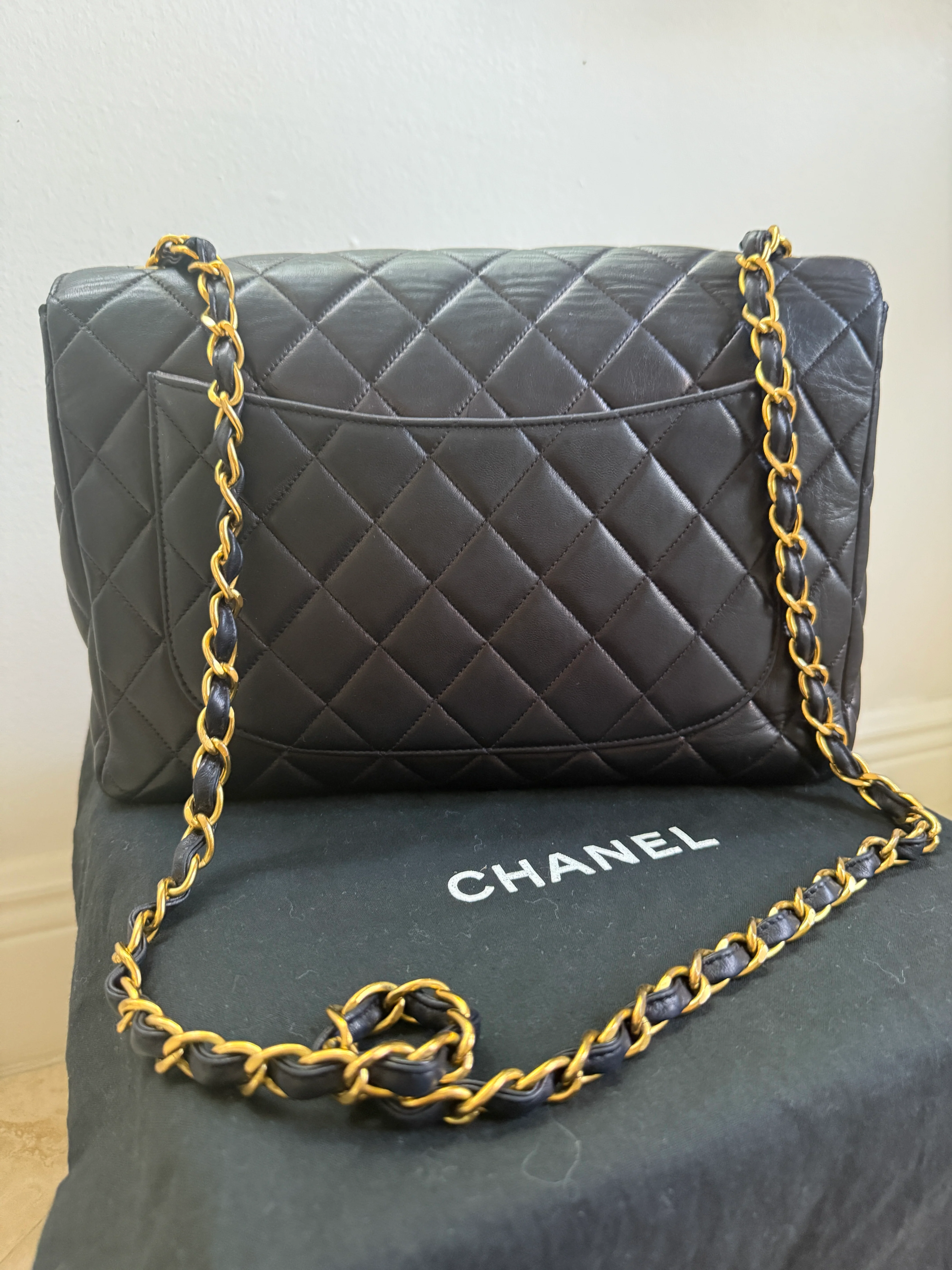 1990s Super Rare Chanel Vintage Jumbo Single Flap Lambskin Navy Blue Crossover - Image 2