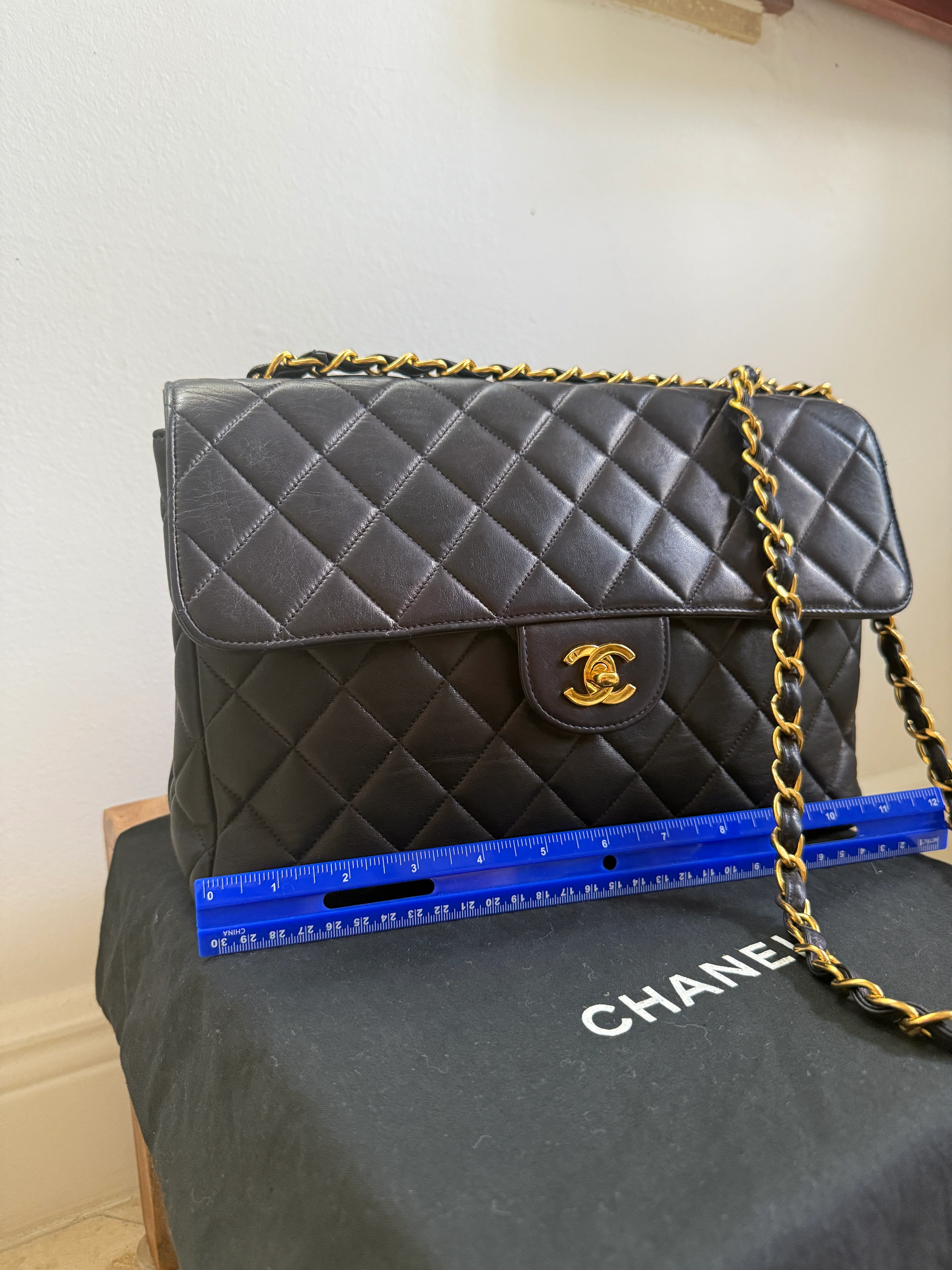 1990s Super Rare Chanel Vintage Jumbo Single Flap Lambskin Navy Blue Crossover - Image 5