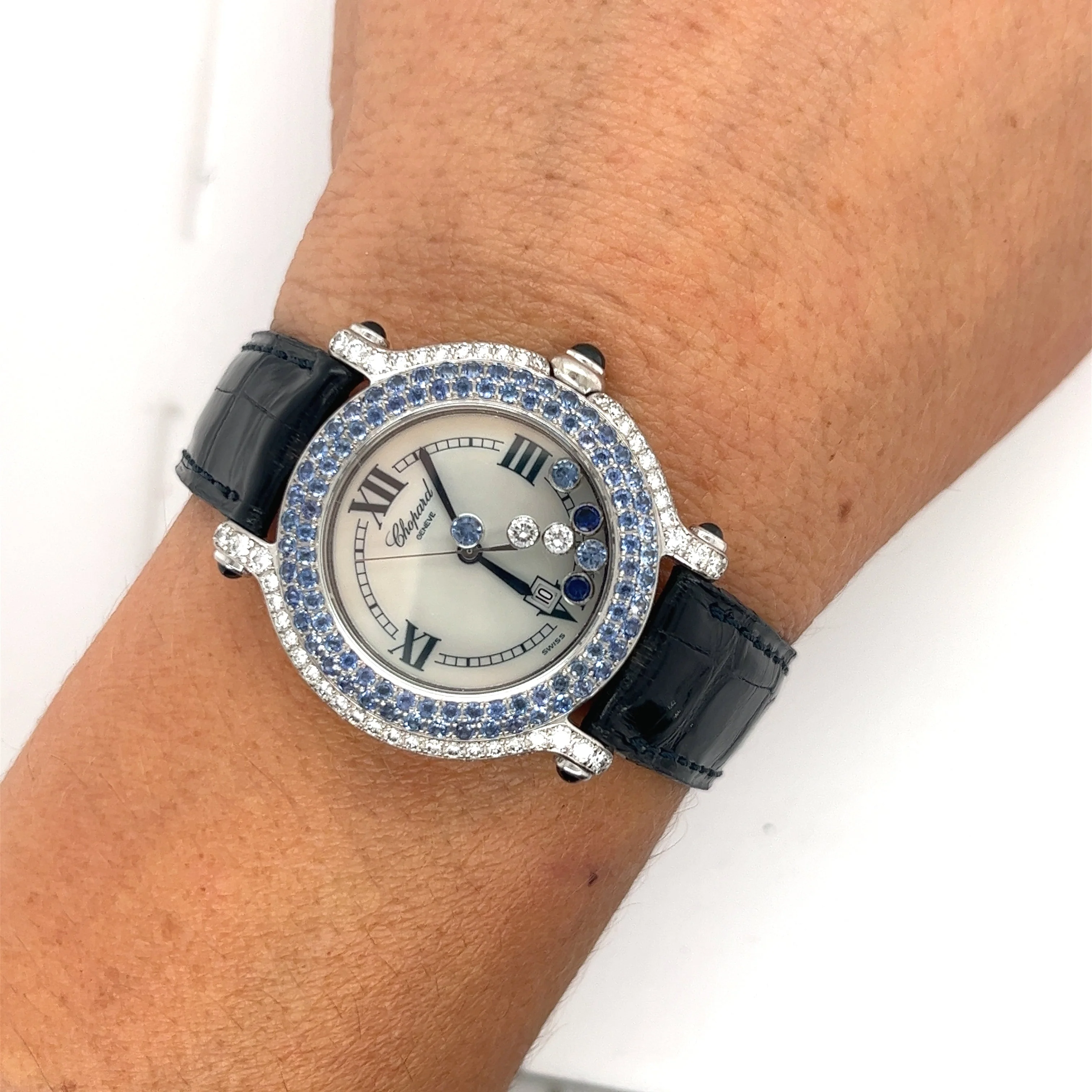 Chopard 18K White Gold Happy Sport Blue Sapphire and Diamond Watch | Pouch & Papers - Image 9