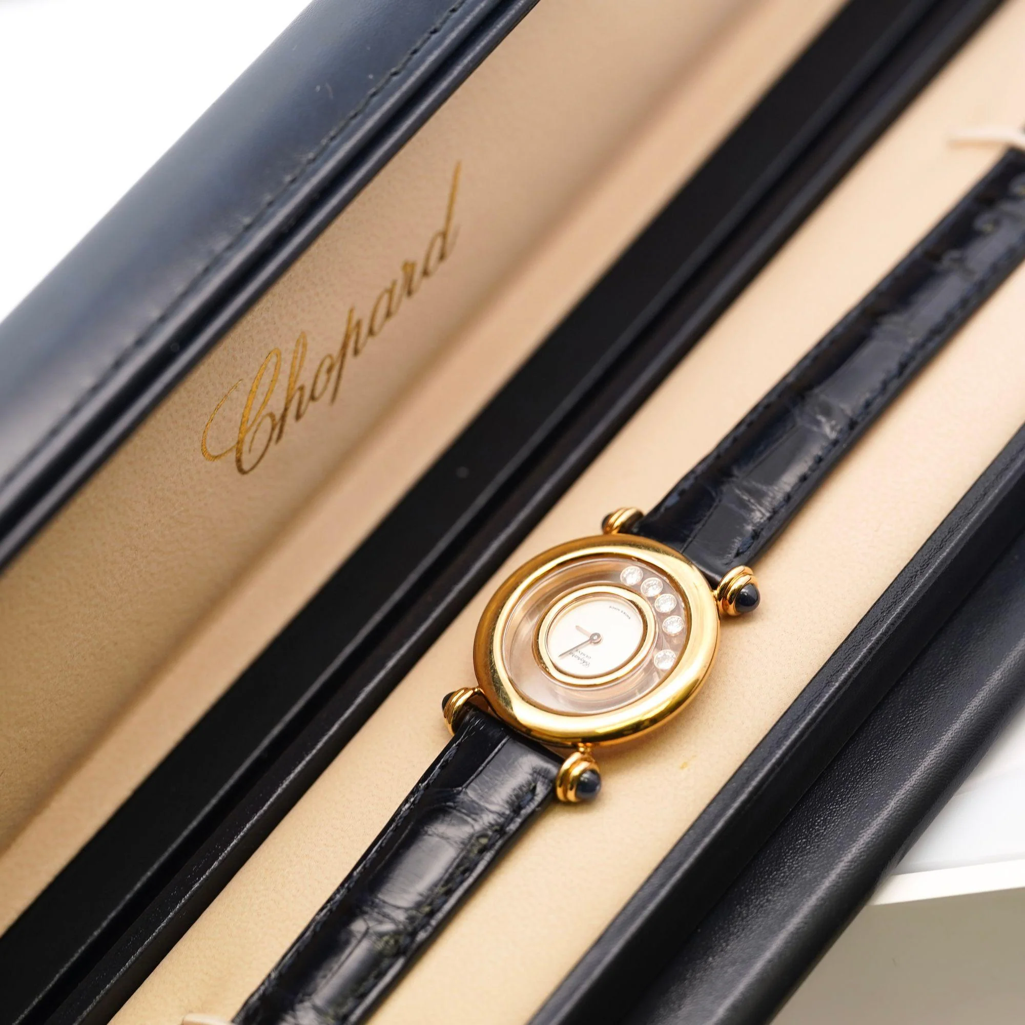 Chopard Happy Sport 4116 18K Gold Five Diamond Quartz On Blue Leather Watch - Image 2