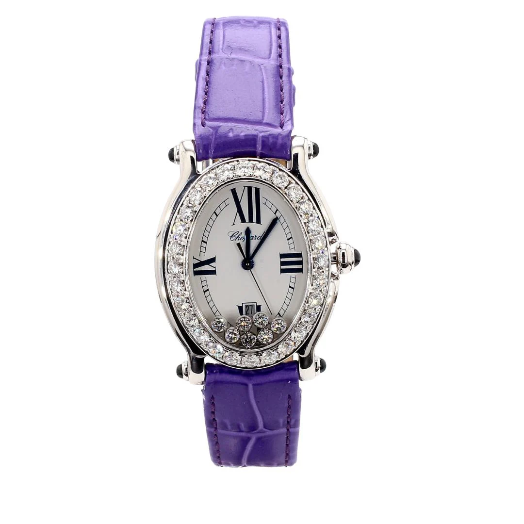 Chopard Happy Sport Floating Diamond & Diamond Bezel Purple Leather Strap Watch