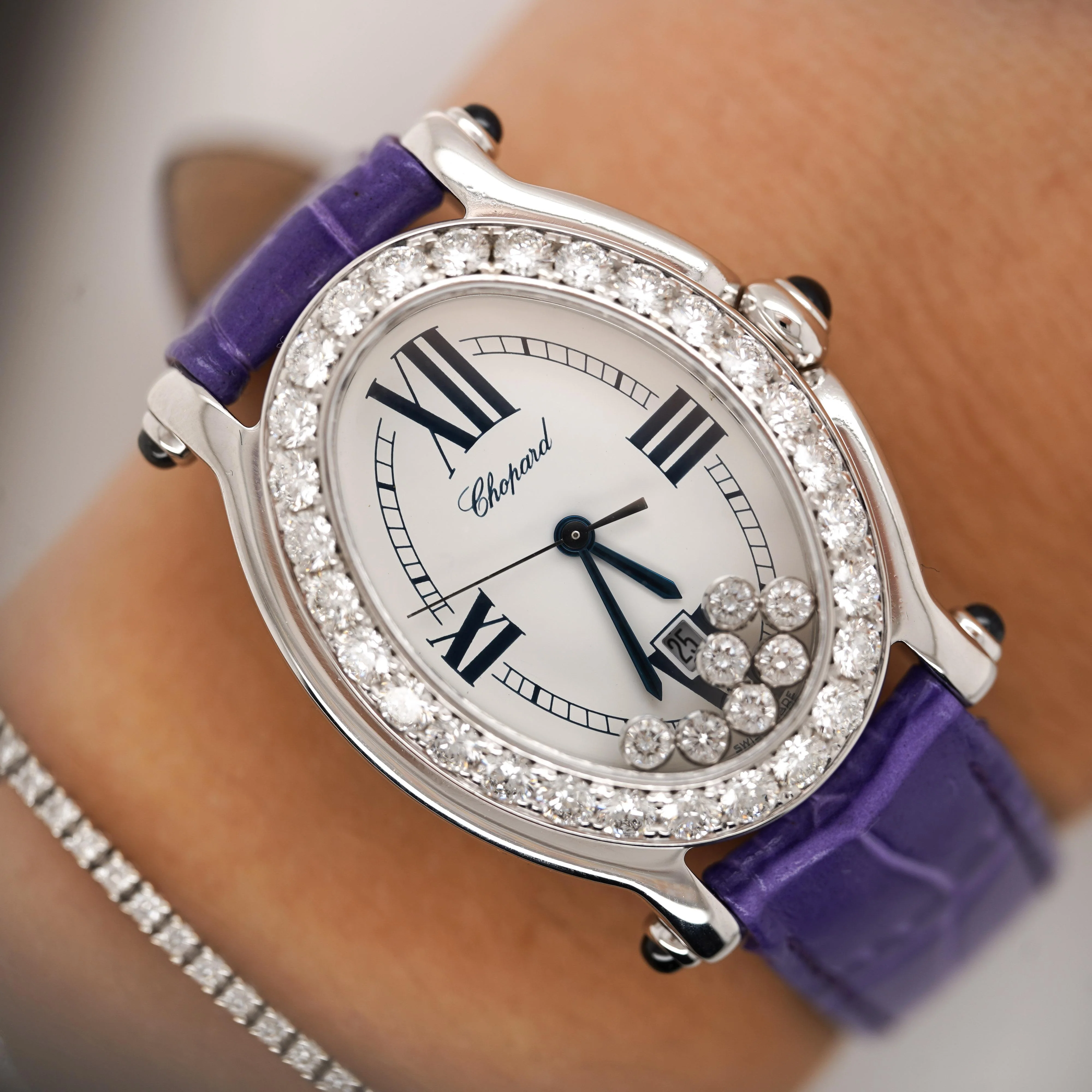 Chopard Happy Sport Floating Diamond & Diamond Bezel Purple Leather Strap Watch - Image 2