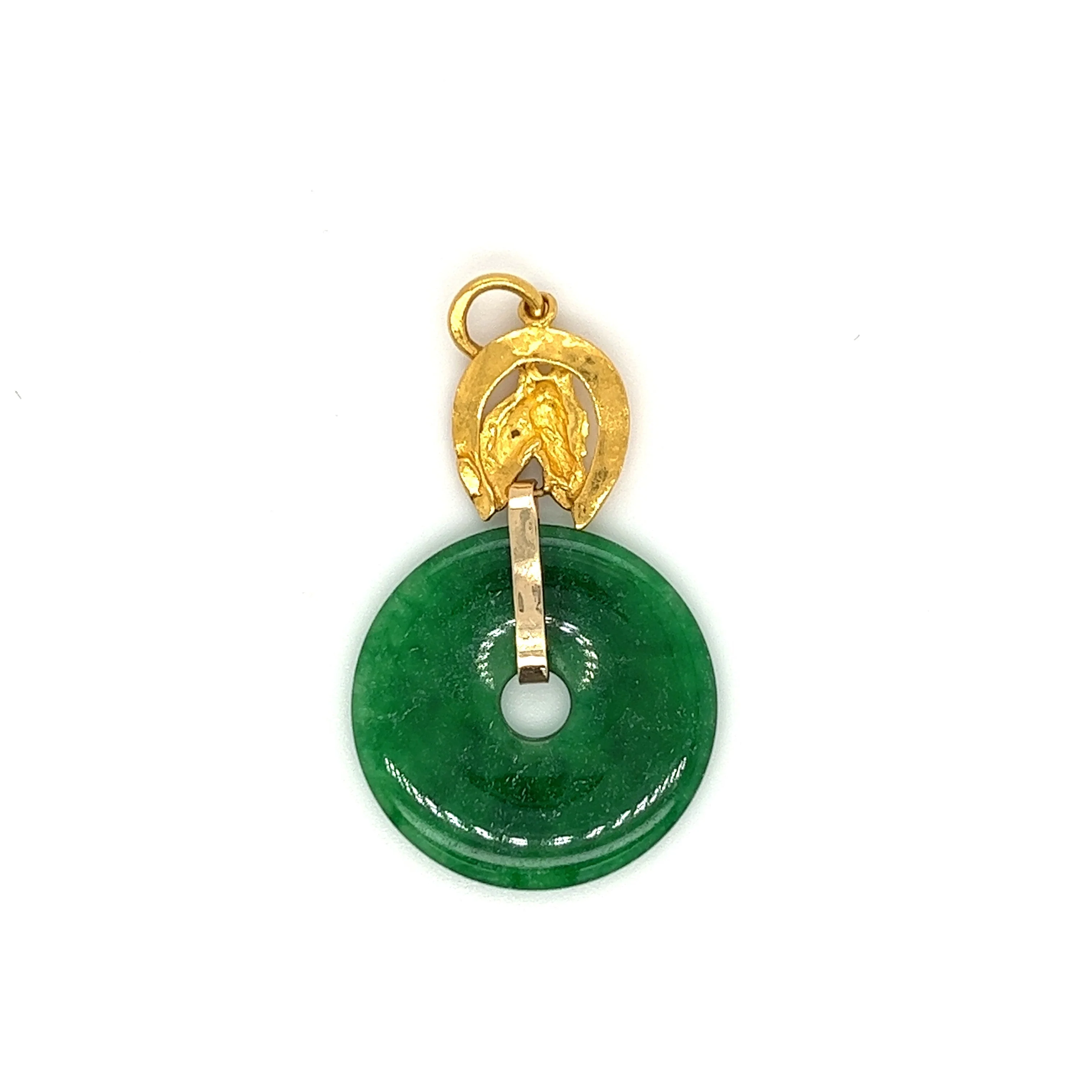 Circlular Disc Jade Pendant 24k Gold Horse Top Setting - Image 4