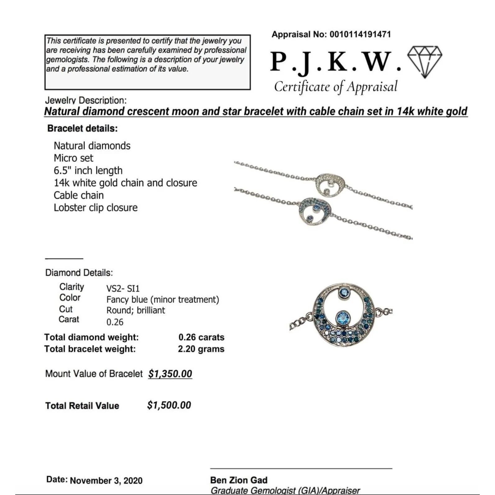 Crescent Moon and Star Diamond Bracelet in 18k White Gold - Image 7
