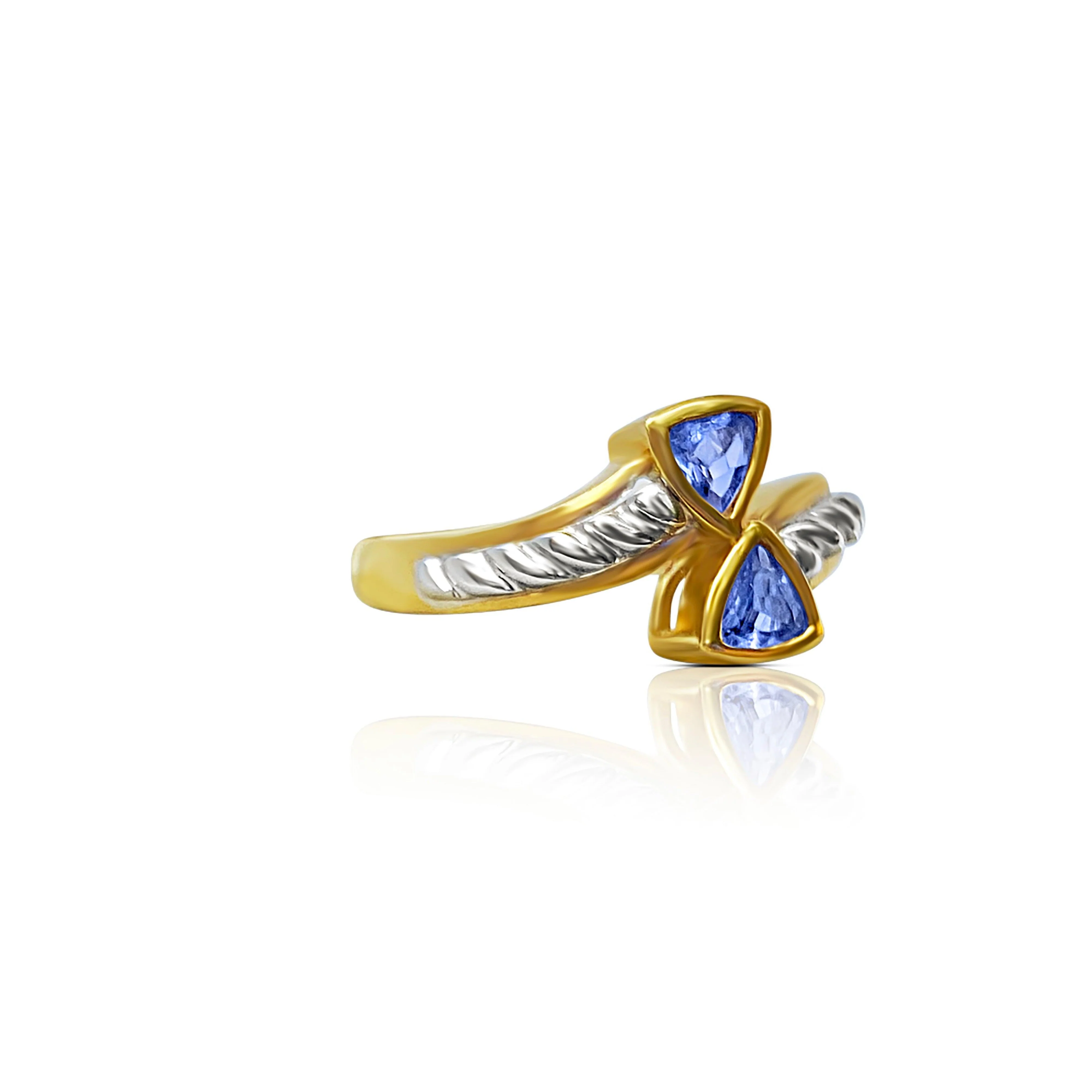 Curved Triangle Cut Tanzanite Ring in 14k Yellow and White Gold - Image 3