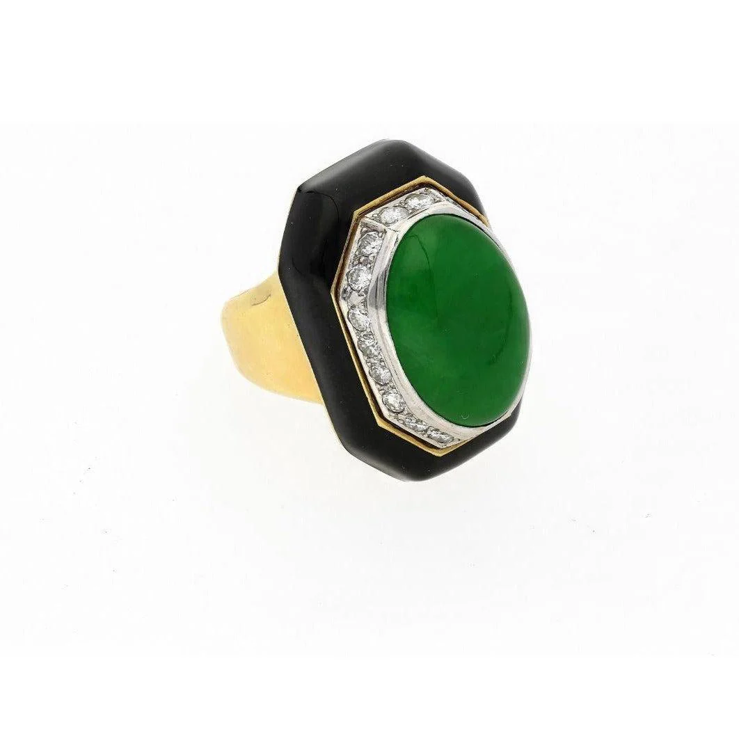 David Webb Signed Type A Fei Chui Jadeite Jade and Onyx Platinum & 18K Ring - Image 2