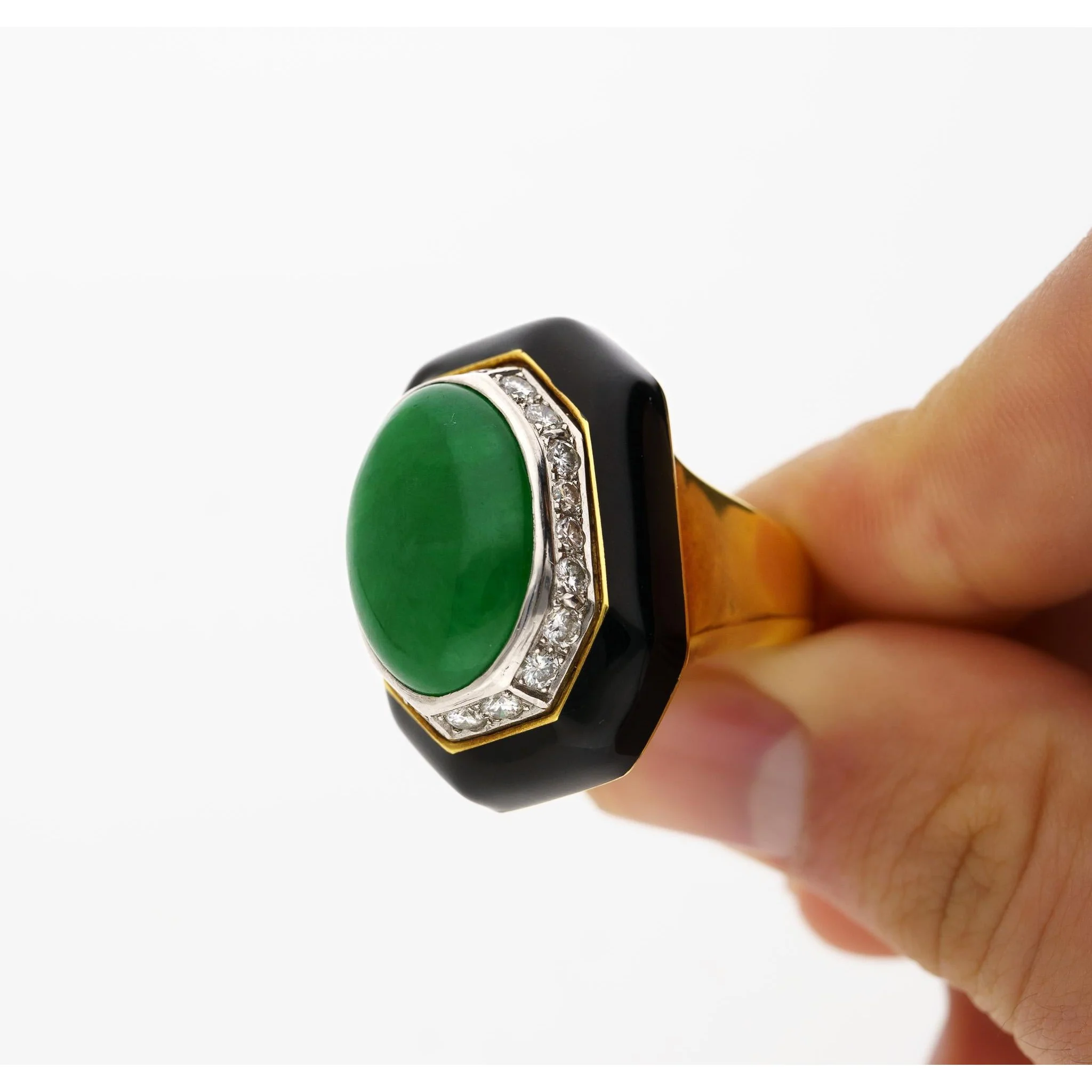 David Webb Signed Type A Fei Chui Jadeite Jade and Onyx Platinum & 18K Ring - Image 6