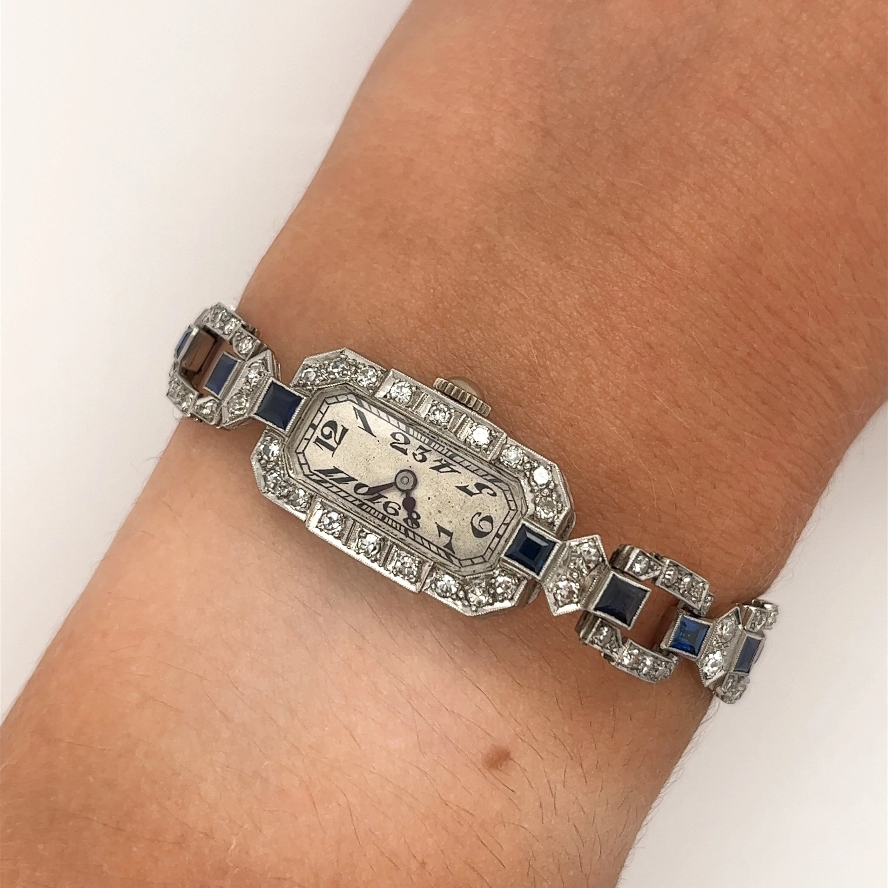 Diamond and Blue Sapphire Eterna Art Deco Watch in Platinum - Image 5