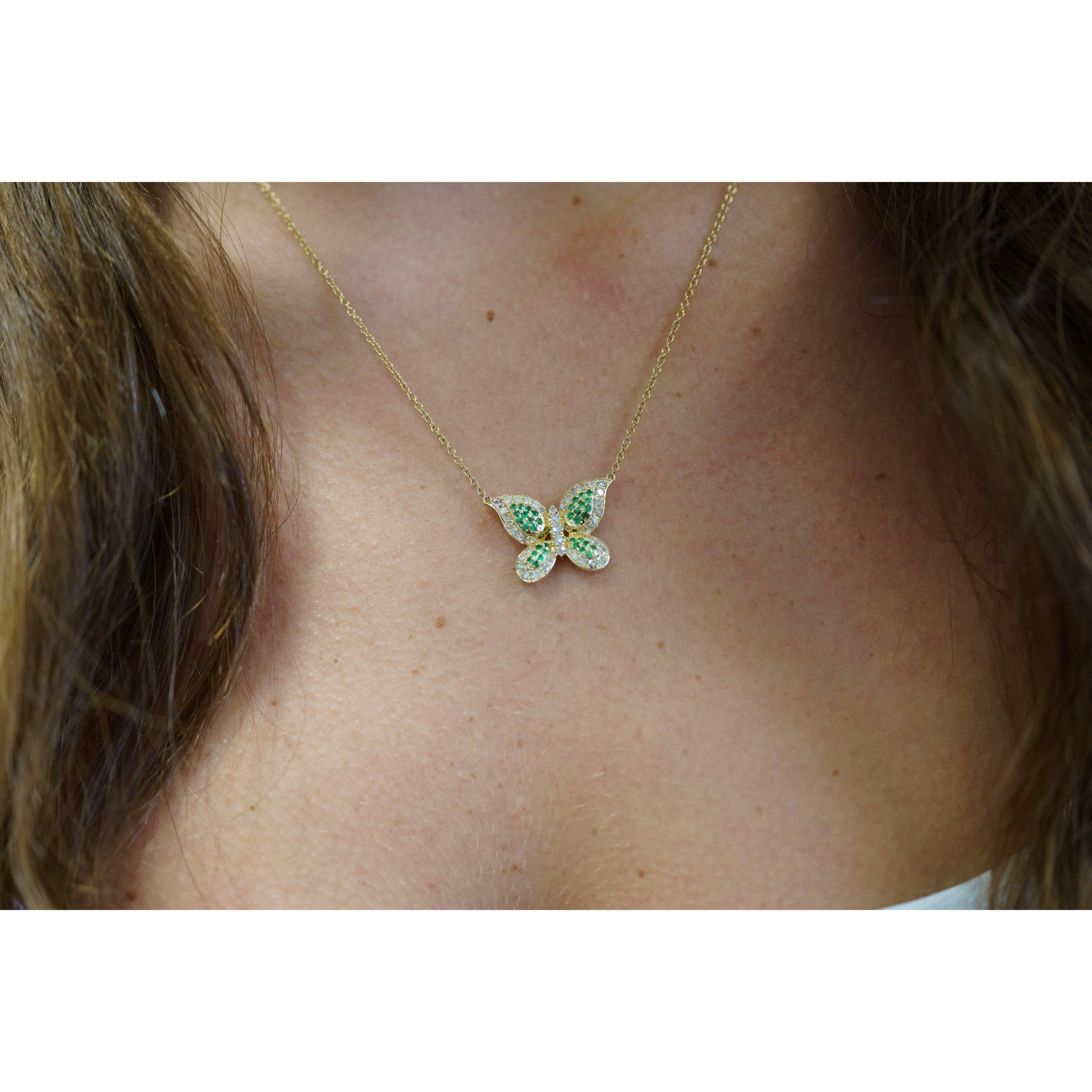 Natural Diamond and Green Tsavorite Butterfly 14K Yellow Gold Necklace - Image 6