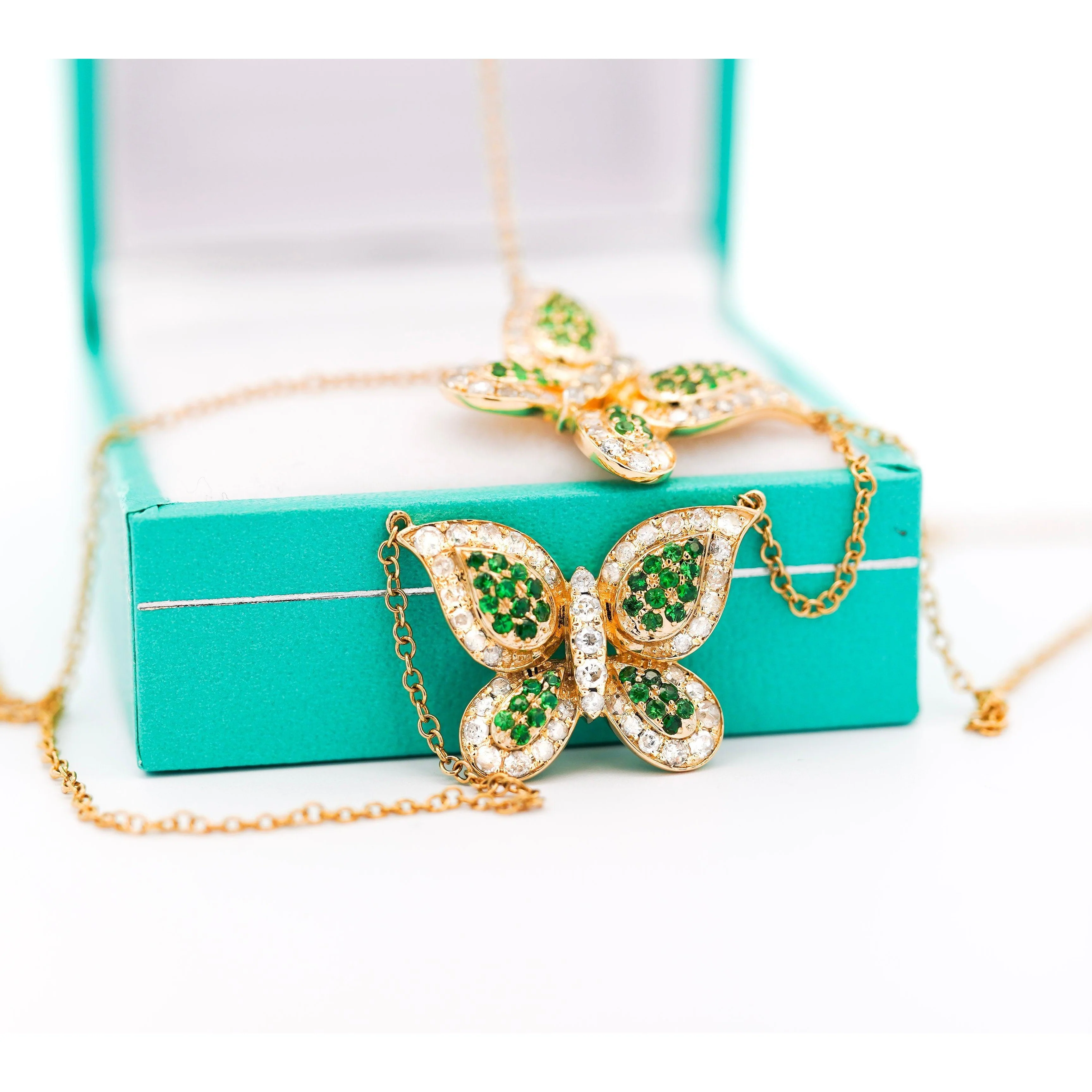Natural Diamond and Green Tsavorite Butterfly 14K Yellow Gold Necklace - Image 8