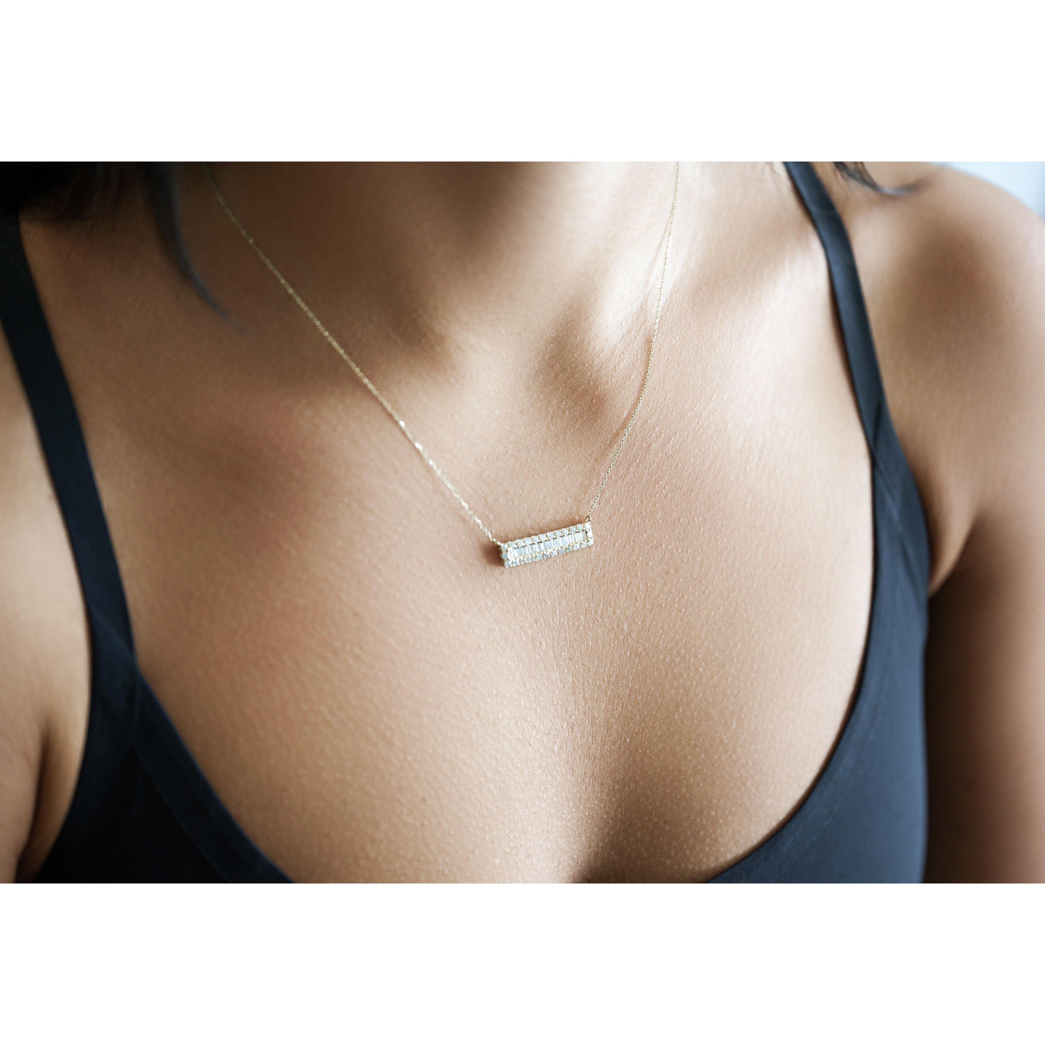Diamond Bar Pendant Cable Chain Necklace 14K Yellow Gold 0.75 Carats - Image 5