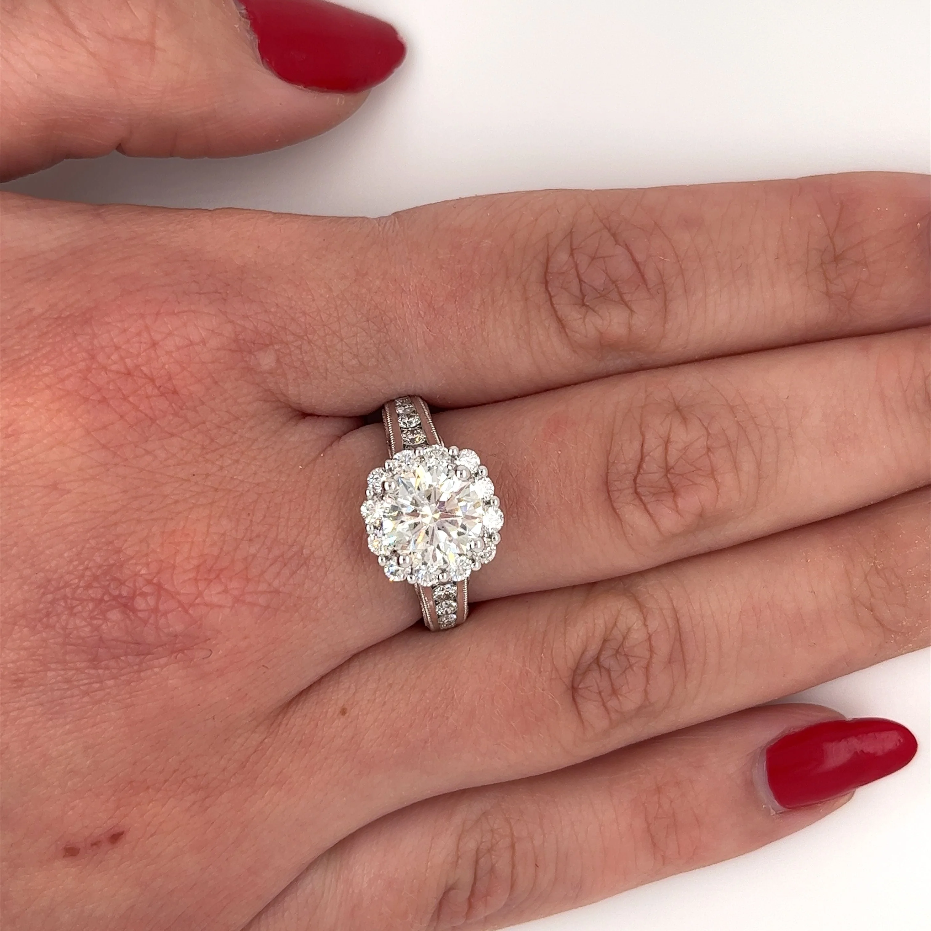 2.16 Carat Natural Round Diamond Ring & Diamond Halo with Diamond Side Stones - Image 6
