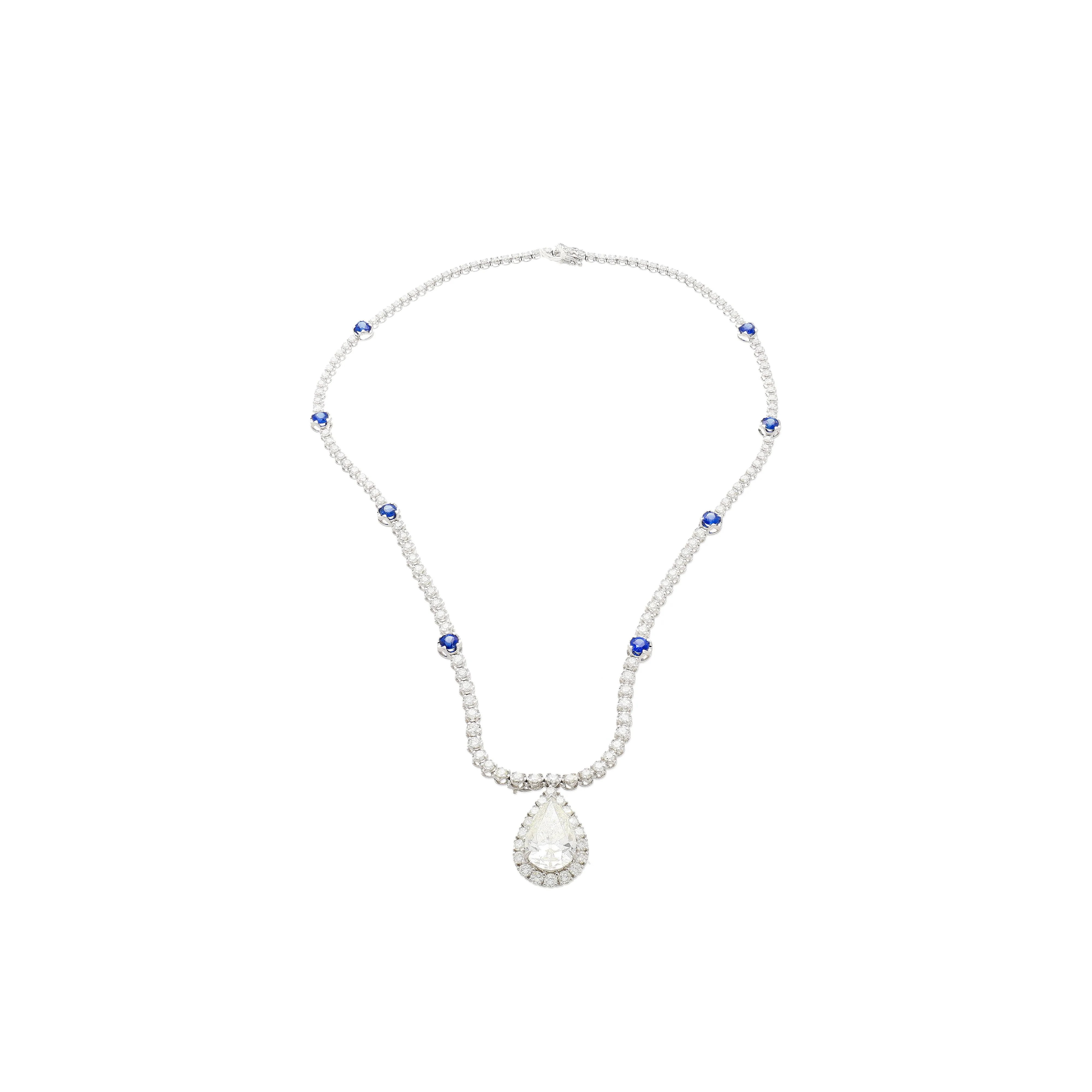 EGL Certified 5.02 Carat Pear Diamond Pendant and Diamond Halo & Sapphire Detail - Image 3