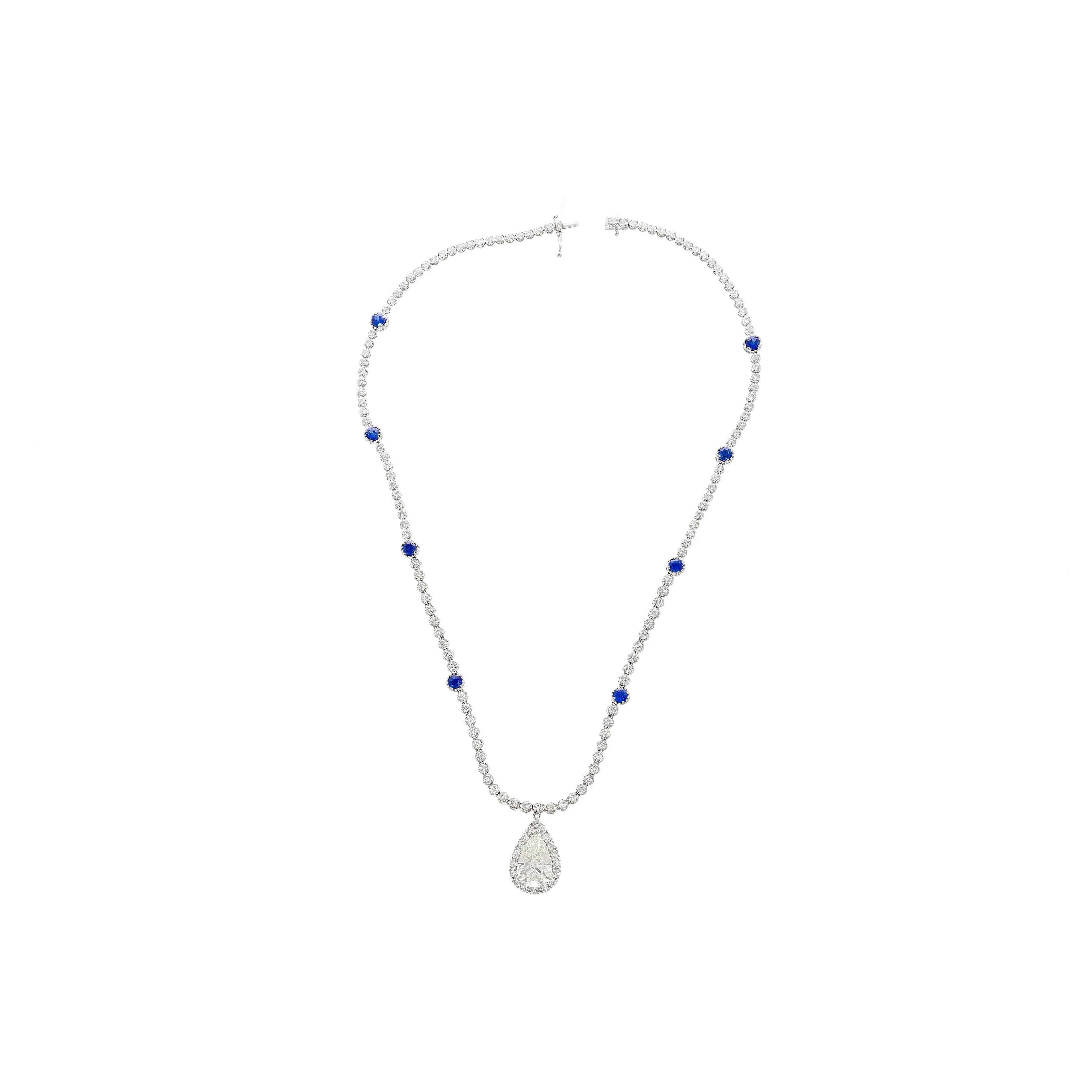 EGL Certified 5.02 Carat Pear Diamond Pendant and Diamond Halo & Sapphire Detail - Image 4