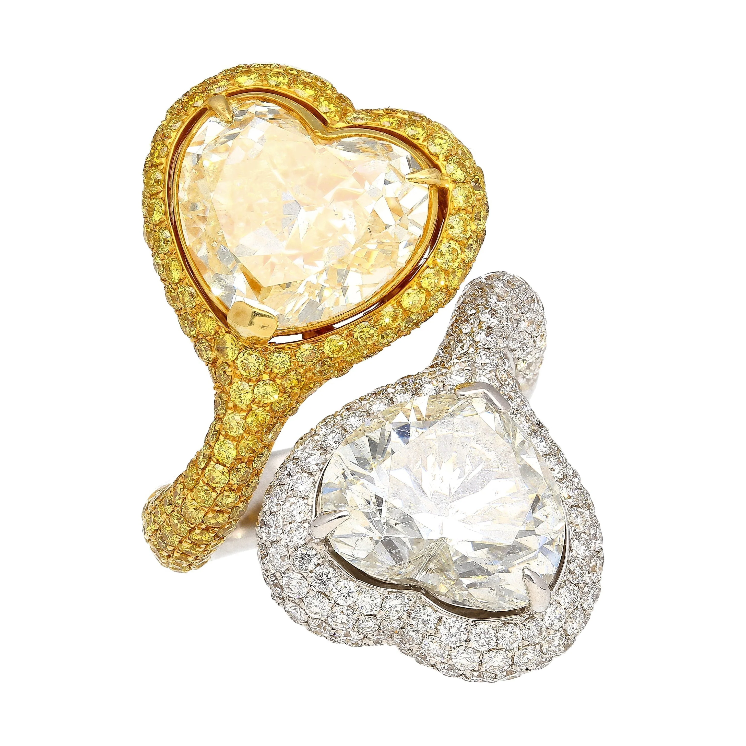 Heart Cut 5.79 & 5.73 Carat Fancy Yellow & White Diamond Toi Et Moi 18K Gold Ring - Image 3