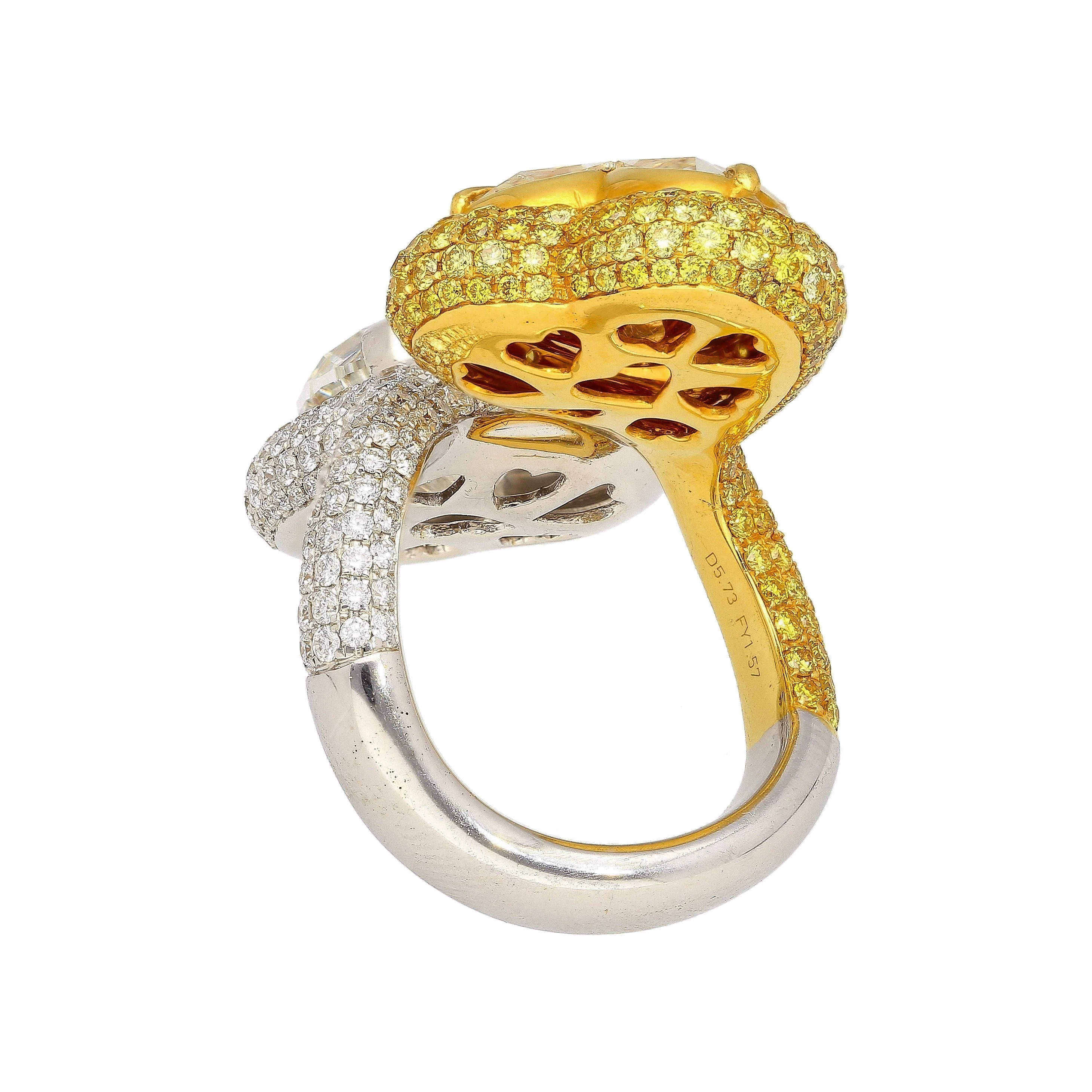 Heart Cut 5.79 & 5.73 Carat Fancy Yellow & White Diamond Toi Et Moi 18K Gold Ring - Image 4