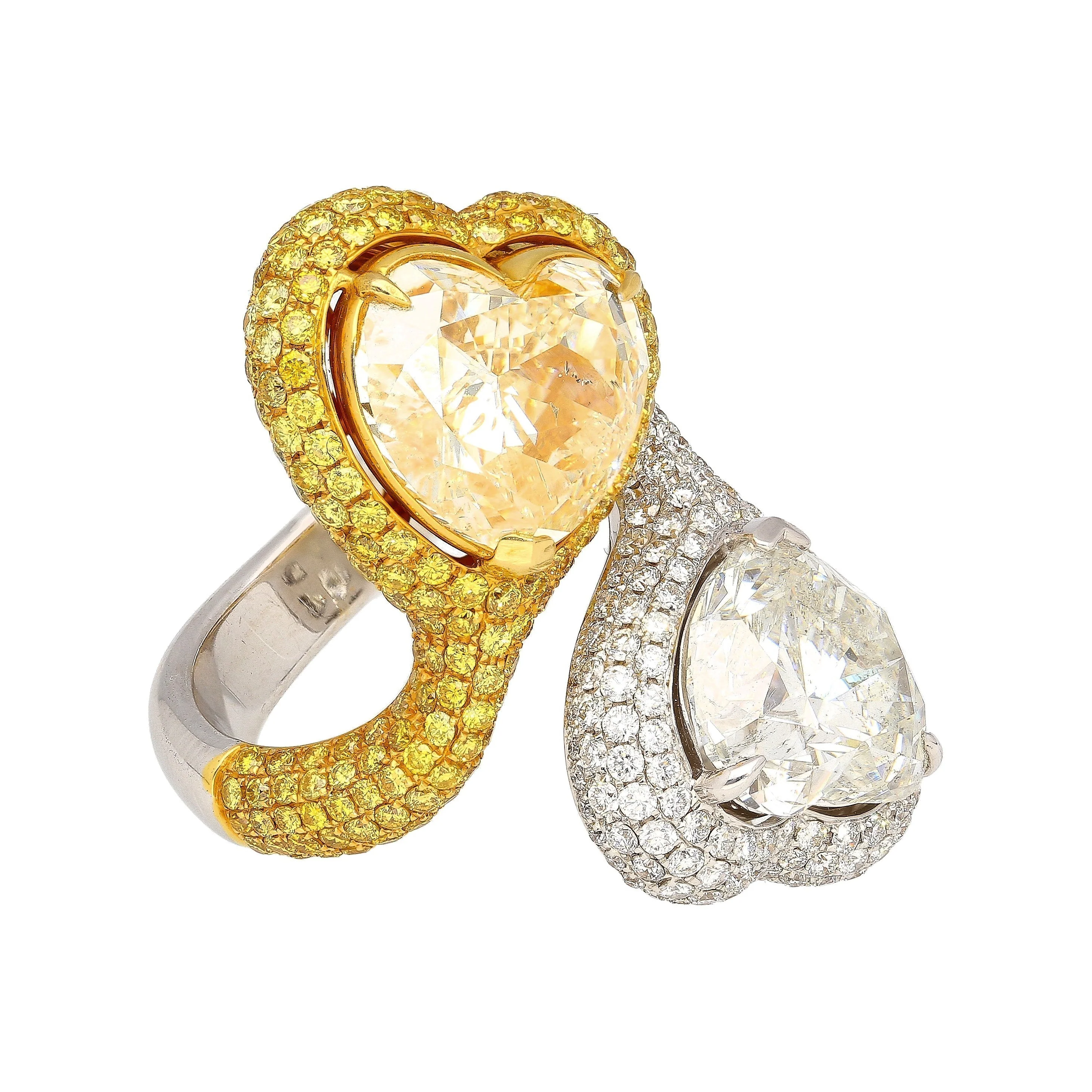 Heart Cut 5.79 & 5.73 Carat Fancy Yellow & White Diamond Toi Et Moi 18K Gold Ring - Image 5