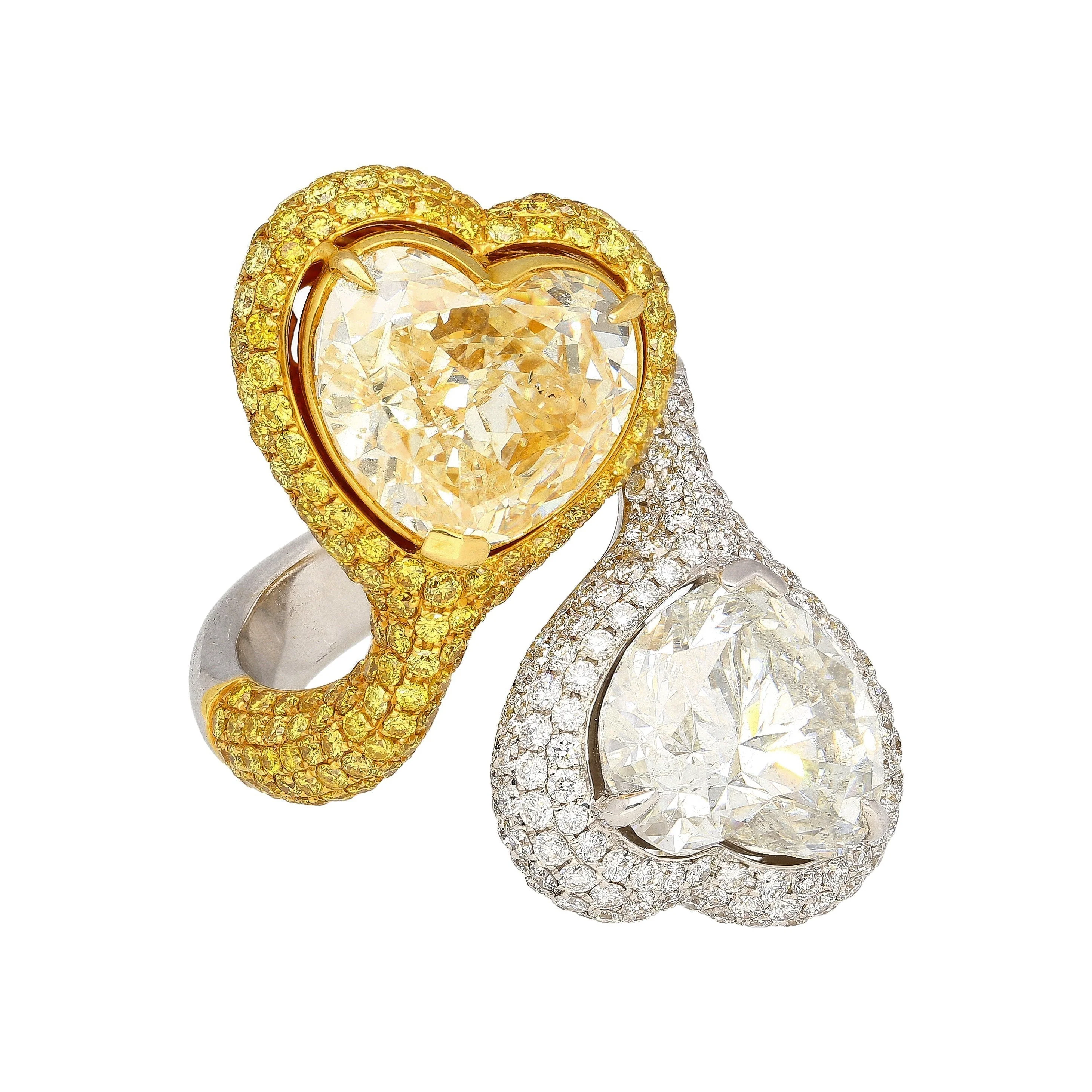 Heart Cut 5.79 & 5.73 Carat Fancy Yellow & White Diamond Toi Et Moi 18K Gold Ring - Image 6