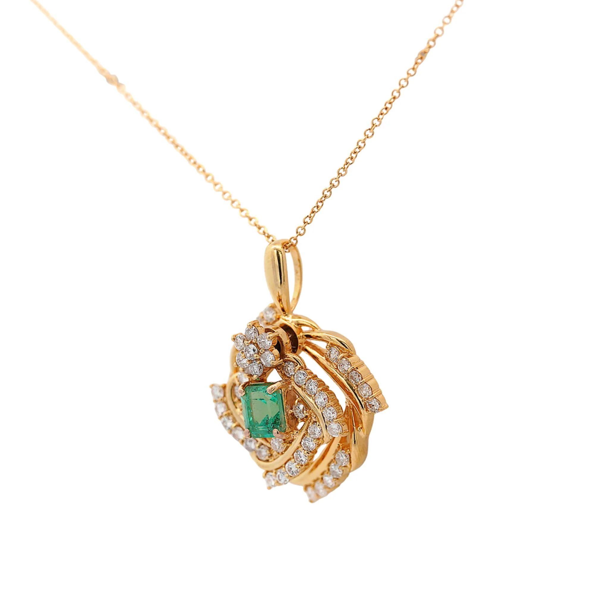 Emerald and Diamond 18K Gold Two Piece Halo Moving Pendant Necklace - Image 5