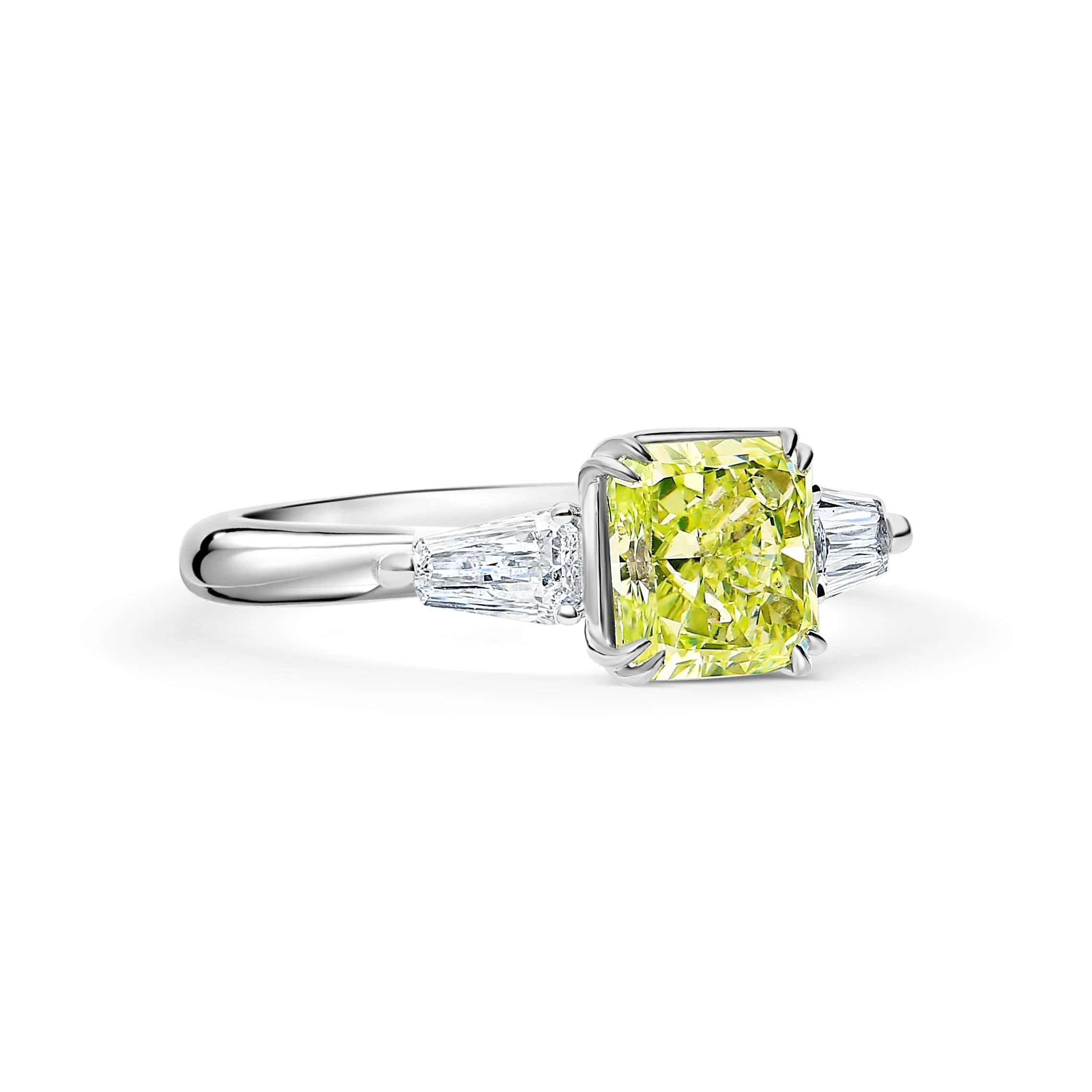 GIA Certified 2.22 Carat Fancy Yellow-Green Radiant Cut Diamond 3 Stone Ring in 18K White Gold - Image 4