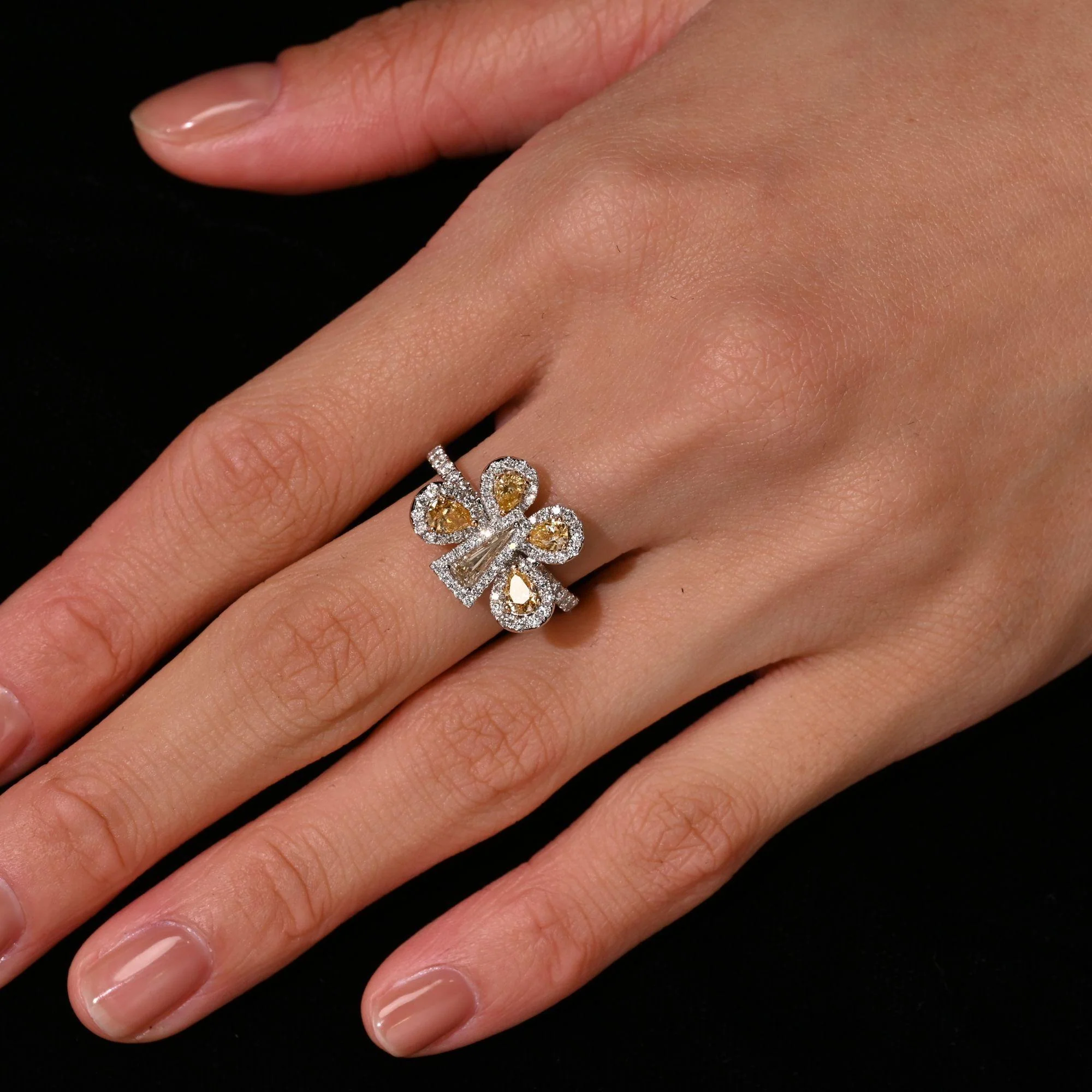 Fancy Yellow & White Diamond Pave in 18K Two Tone Gold Butterfly Cocktail Ring - Image 2