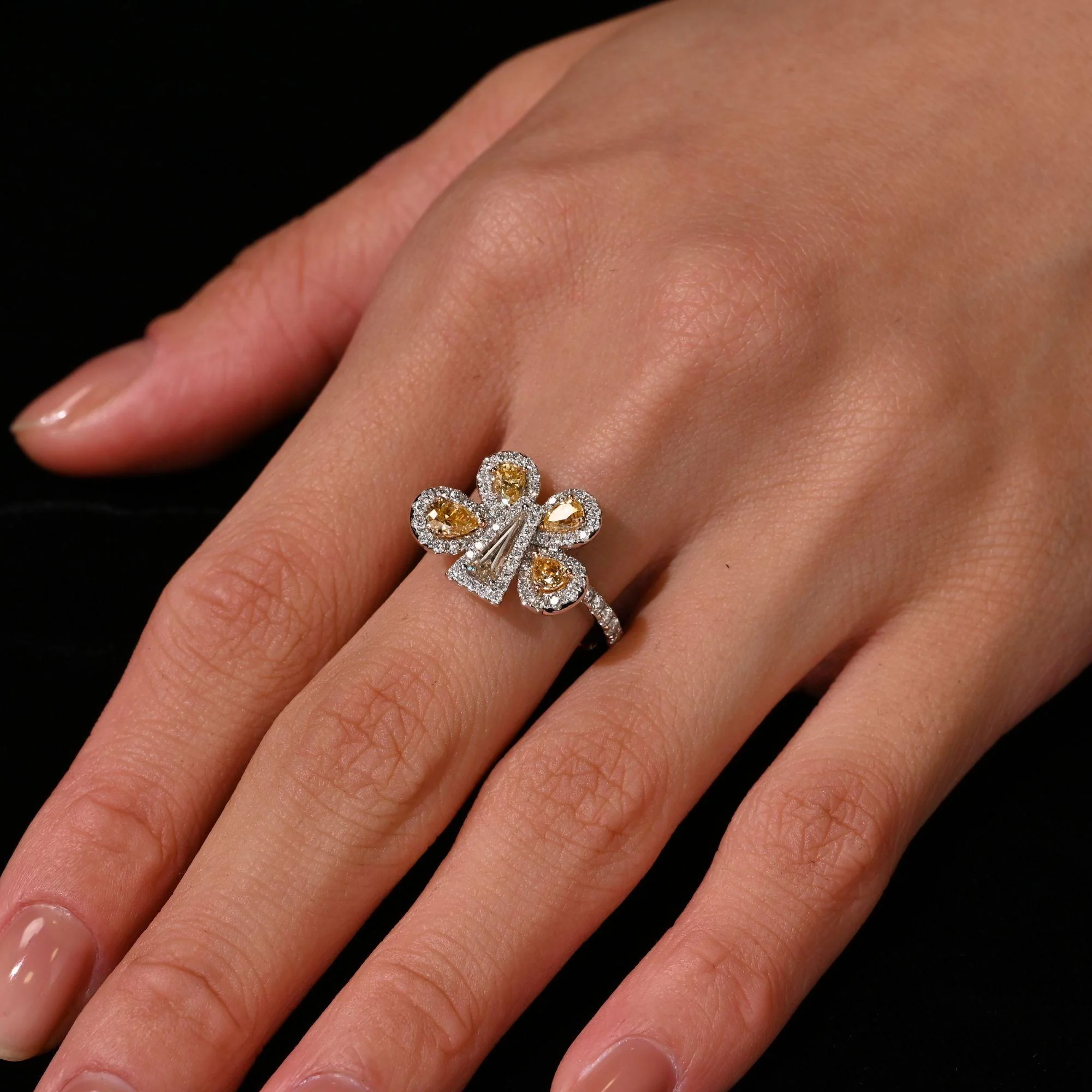 Fancy Yellow & White Diamond Pave in 18K Two Tone Gold Butterfly Cocktail Ring - Image 3