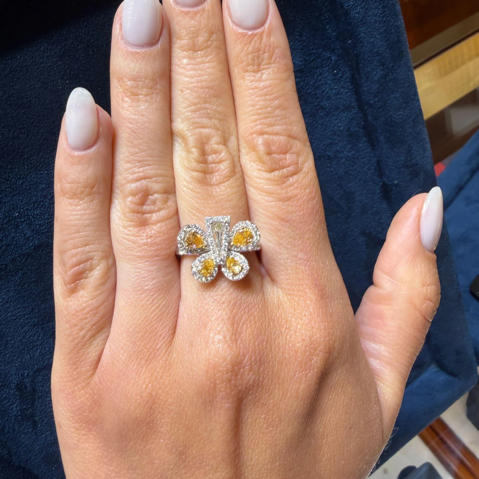 Fancy Yellow & White Diamond Pave in 18K Two Tone Gold Butterfly Cocktail Ring - Image 4