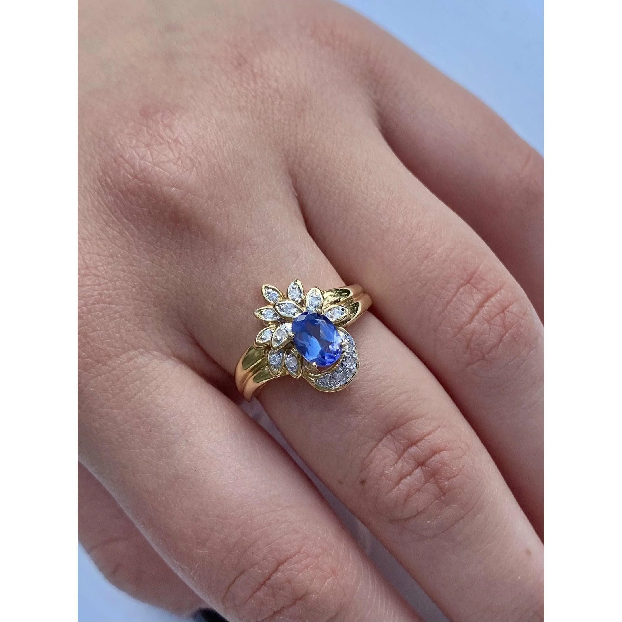 Floral Blue Dominant Tanzanite Ring in 14k Yellow Gold and Diamond Ring - Image 3
