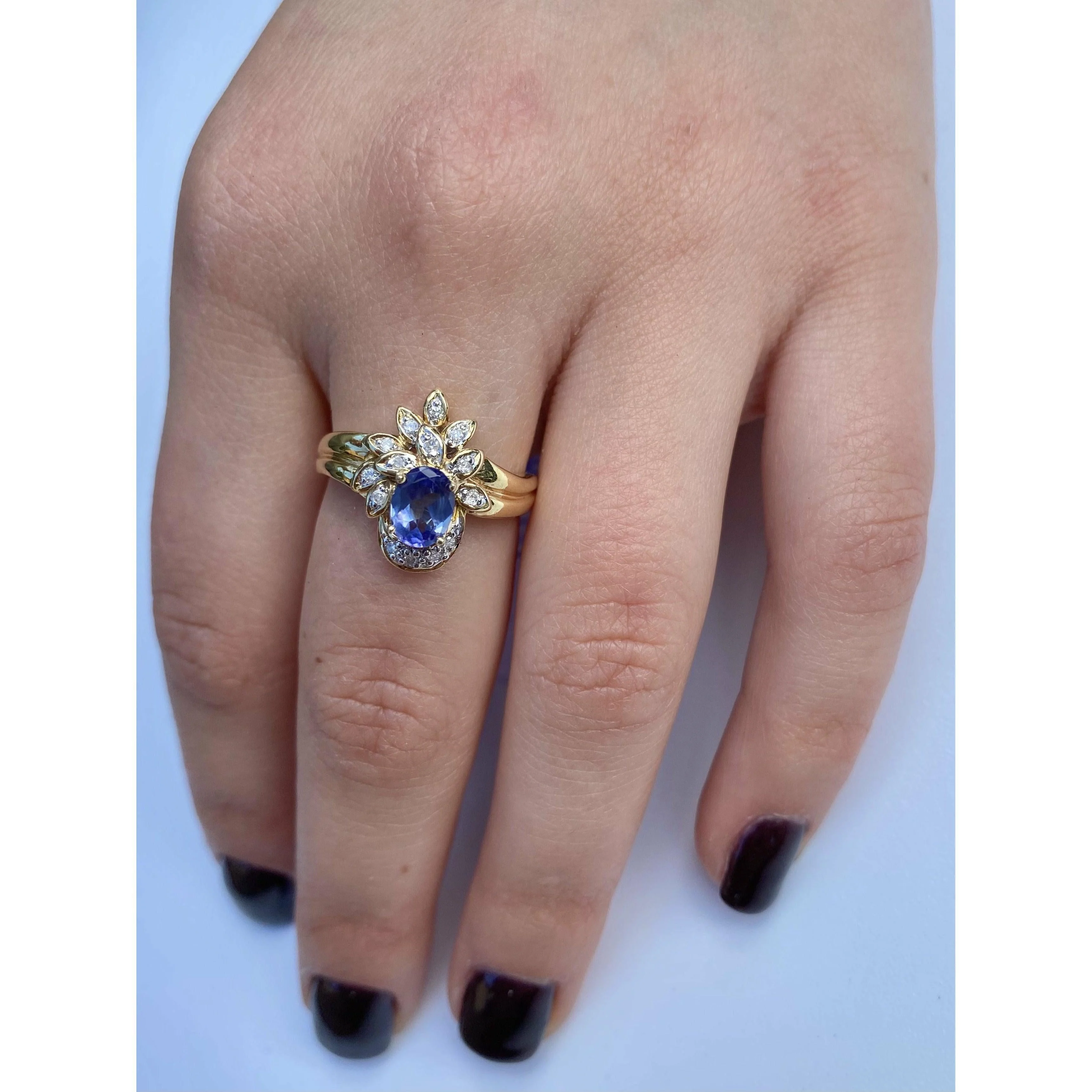 Floral Blue Dominant Tanzanite Ring in 14k Yellow Gold and Diamond Ring - Image 4