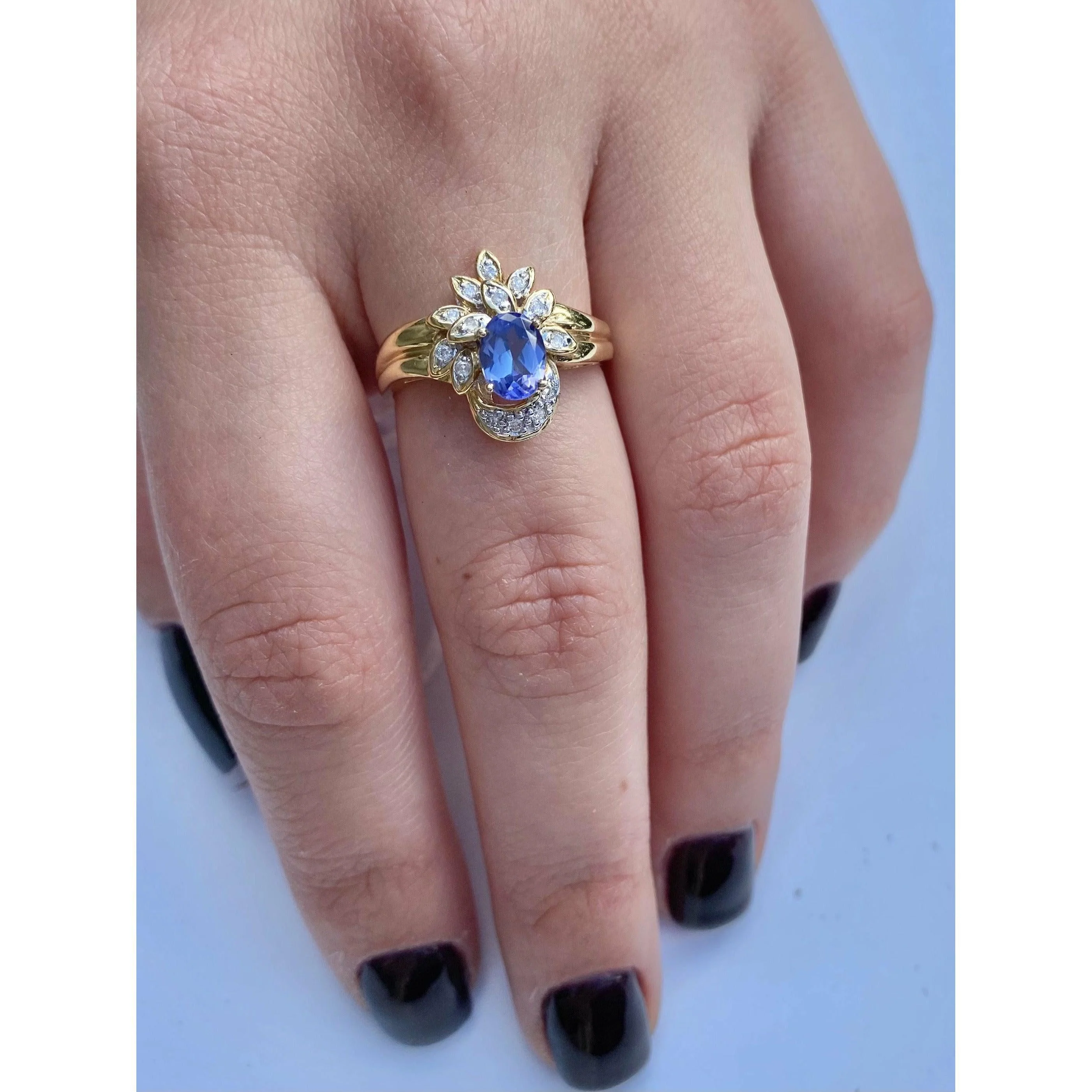Floral Blue Dominant Tanzanite Ring in 14k Yellow Gold and Diamond Ring - Image 5