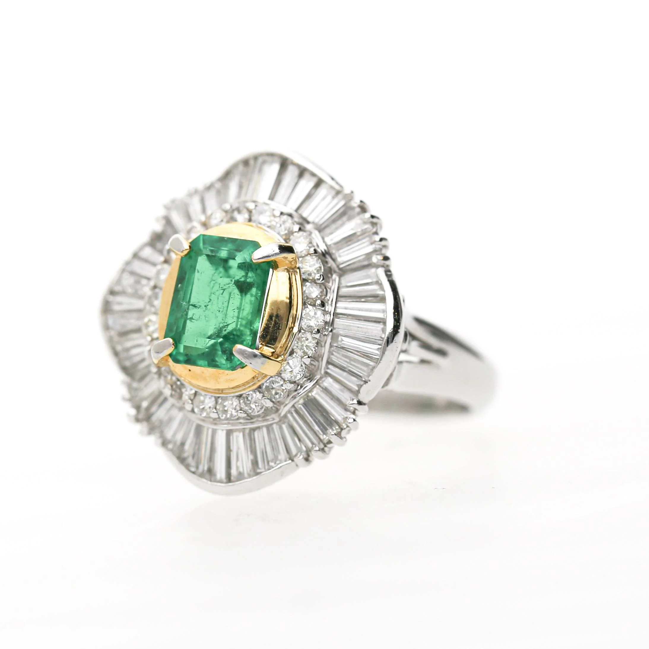 GIA 1.38 Carat Emerald Cut Colombian Emerald & Diamond Platinum Ballerina Ring - Image 2