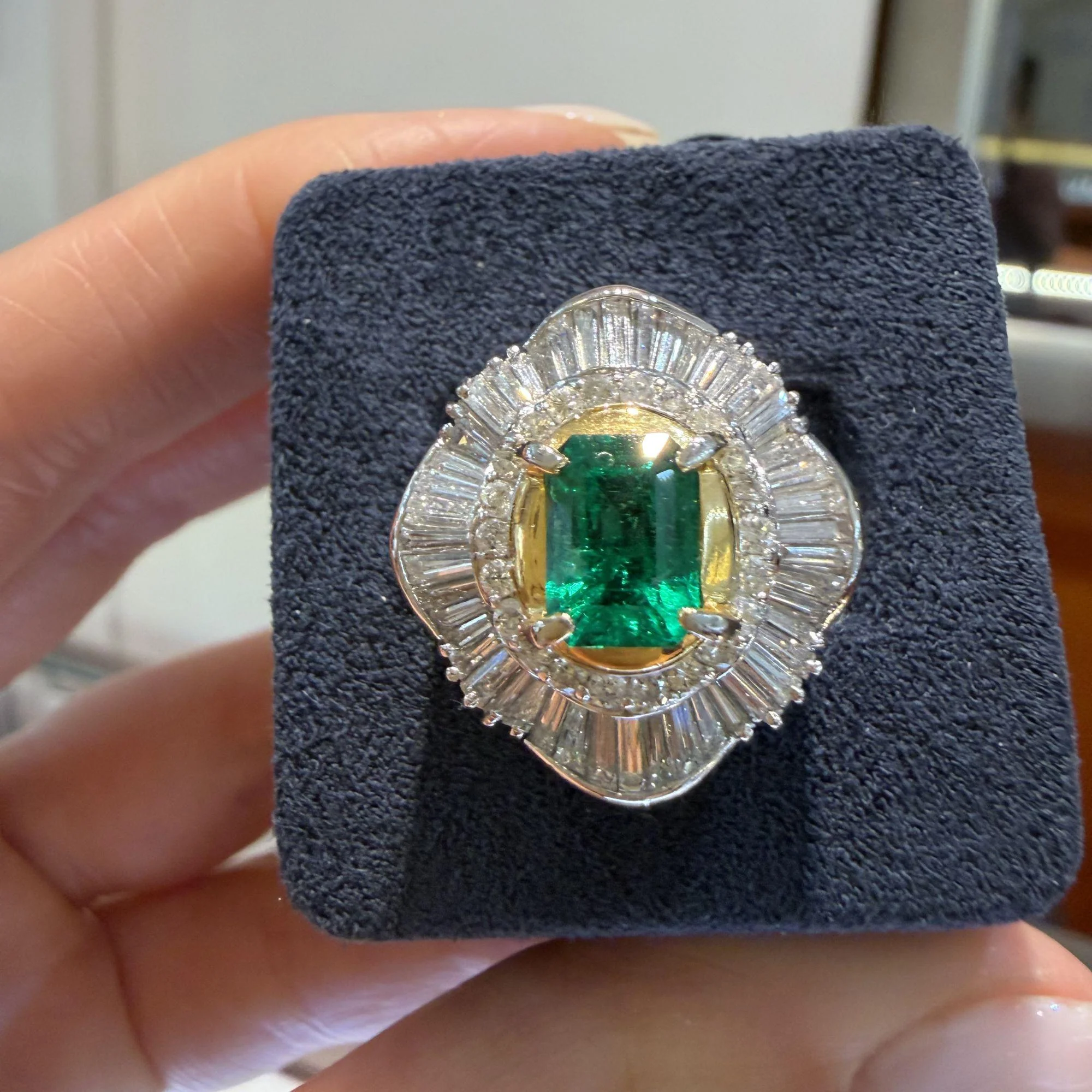 GIA 1.38 Carat Emerald Cut Colombian Emerald & Diamond Platinum Ballerina Ring - Image 8
