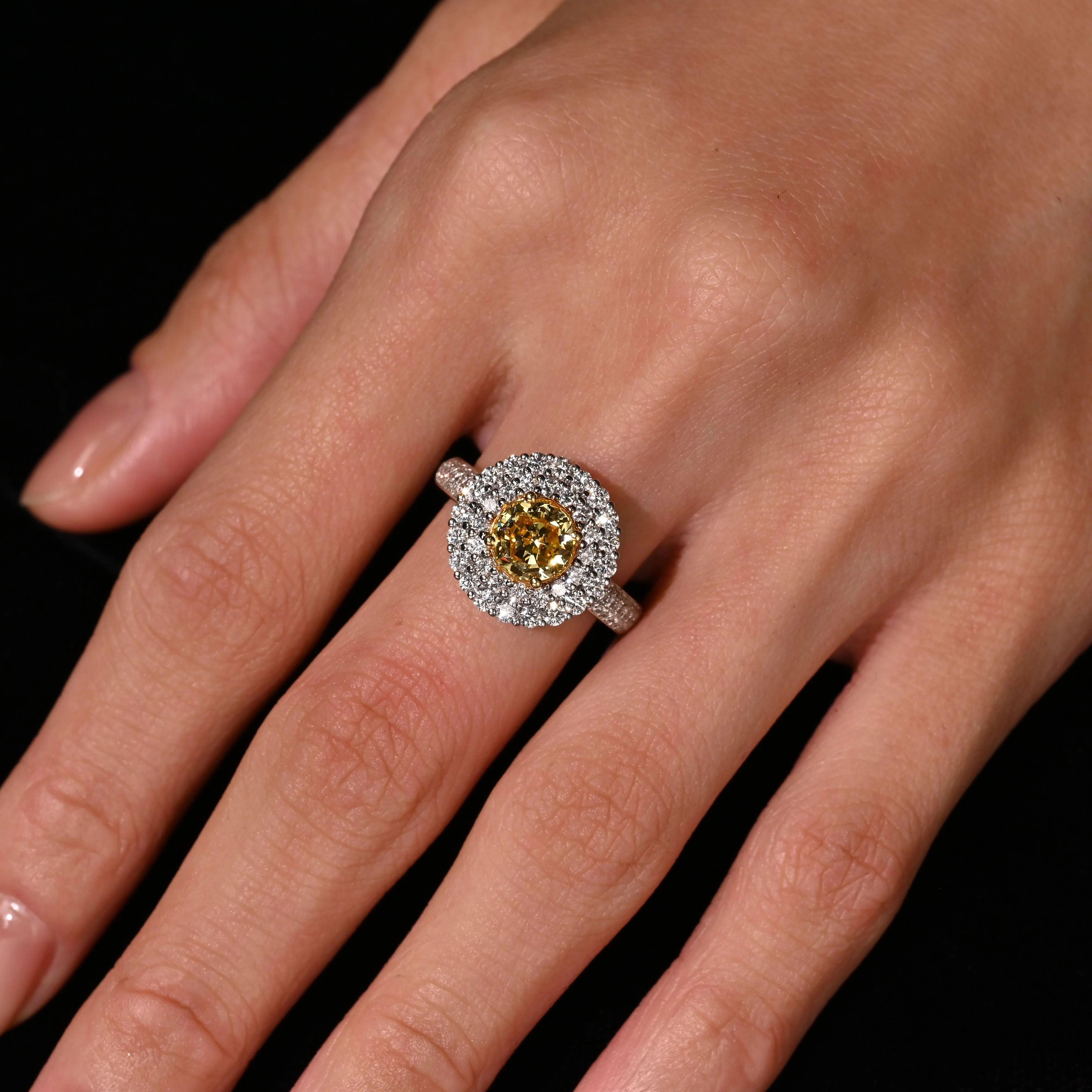 GIA Cert. 1.65 Carat Fancy Intense Yellow Diamond Double Halo Ring - Image 2