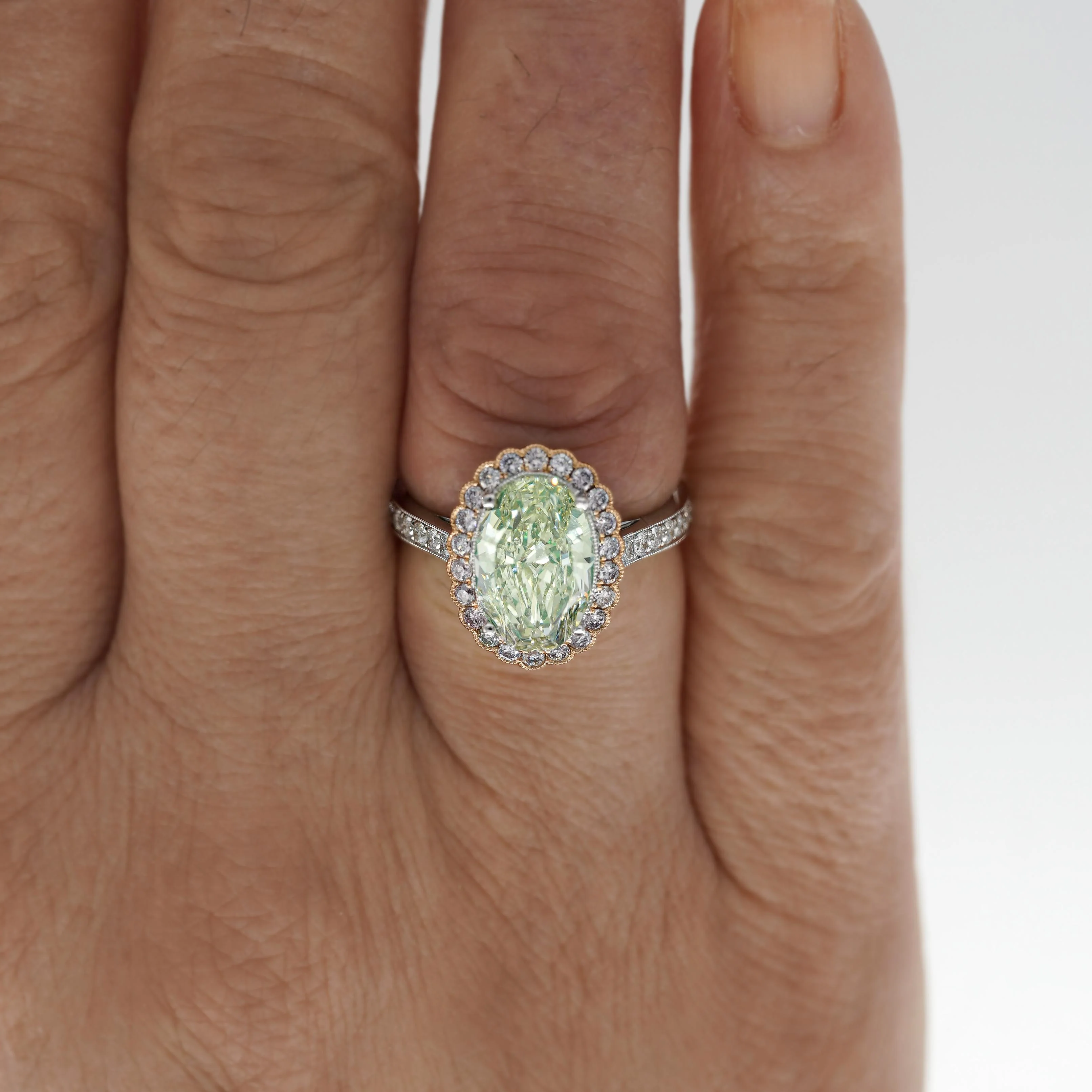 GIA 3.3 Carat Fancy Green-Yellow Oval Diamond Halo 18K Gold Ring - Image 2