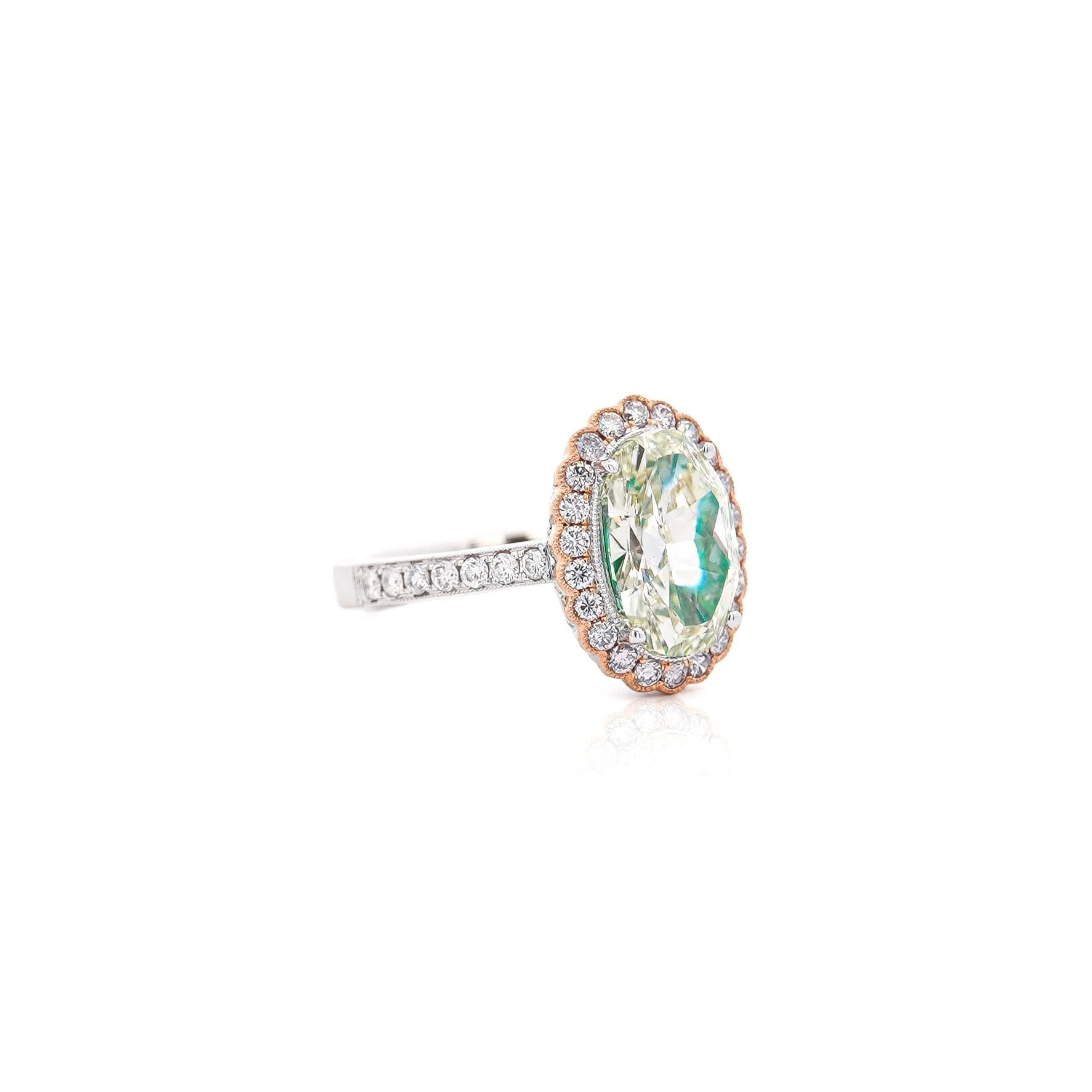 GIA 3.3 Carat Fancy Green-Yellow Oval Diamond Halo 18K Gold Ring - Image 5