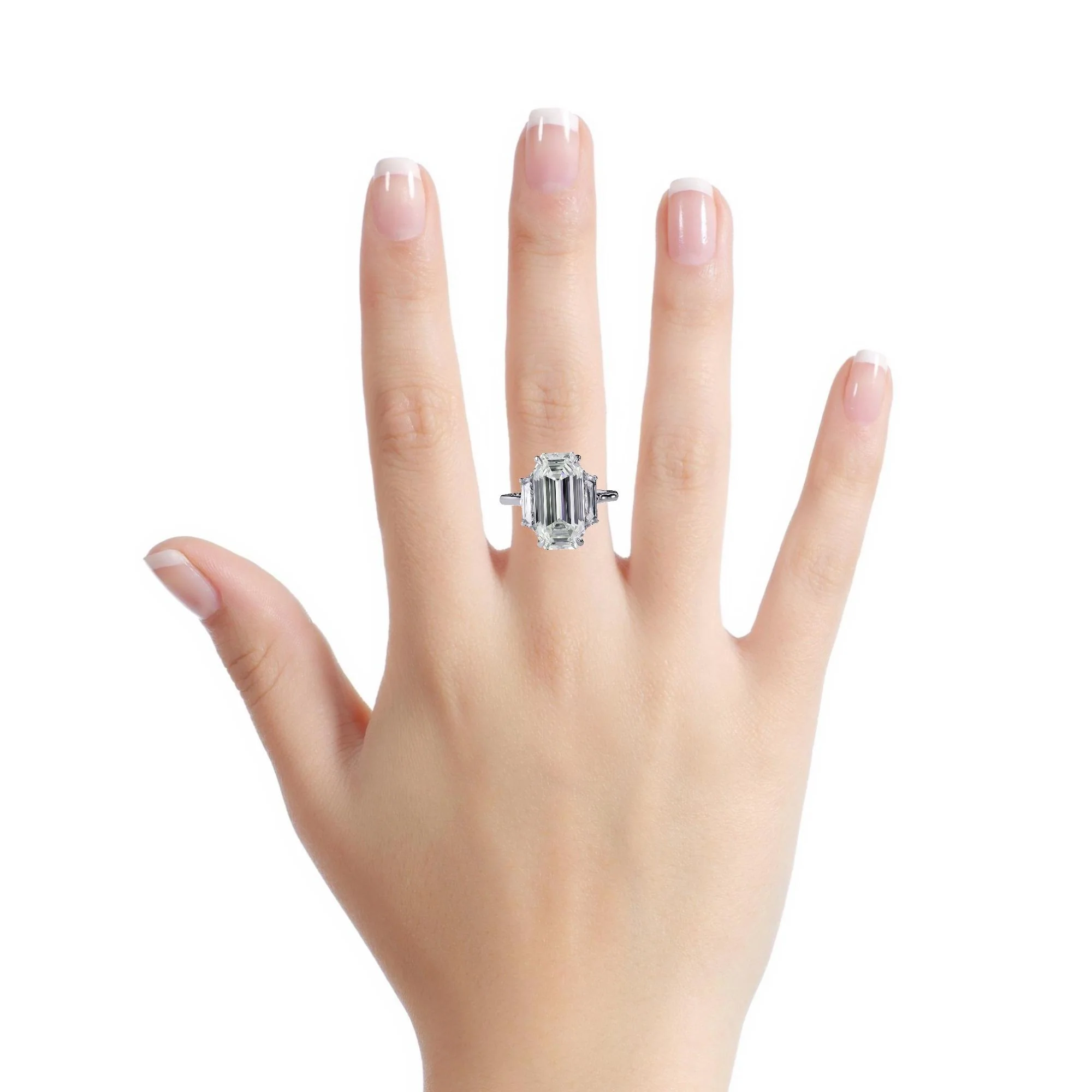 GIA 6.16 Carat Emerald Cut Diamond and Trapezoid Three Stone Engagement Ring - Image 10