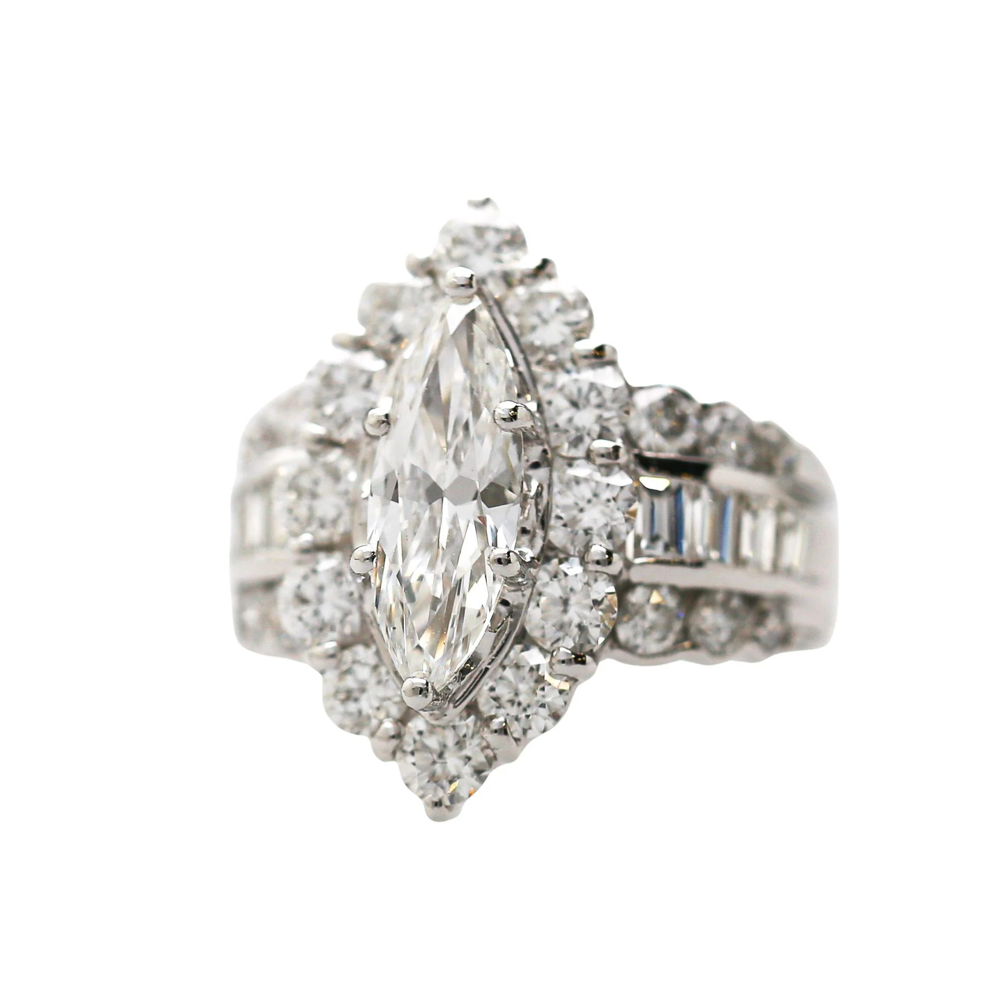 GIA Cert. 1.50 Marquise Diamond E/VS2 Cluster Halo Platinum Band Cocktail Ring - Image 2