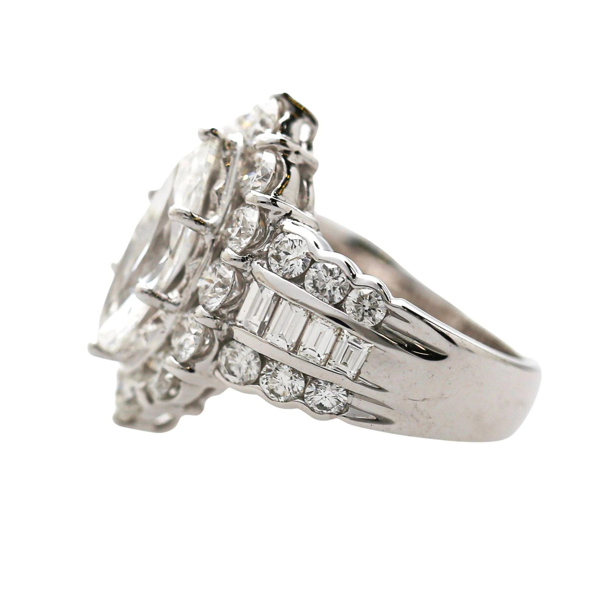 GIA Cert. 1.50 Marquise Diamond E/VS2 Cluster Halo Platinum Band Cocktail Ring - Image 3
