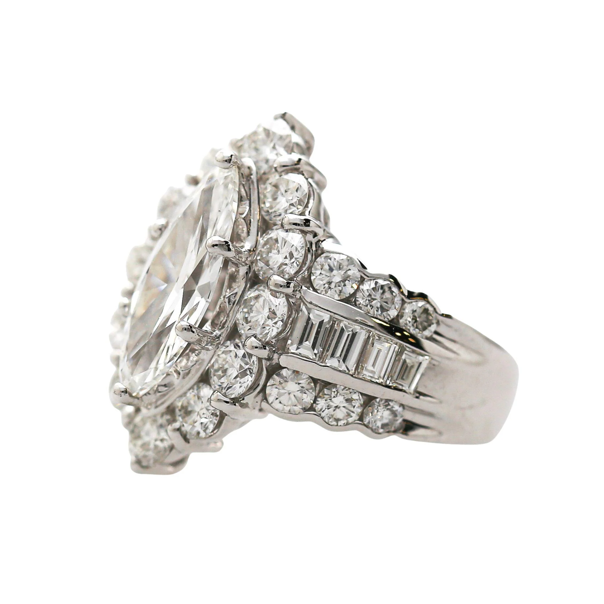 GIA Cert. 1.50 Marquise Diamond E/VS2 Cluster Halo Platinum Band Cocktail Ring - Image 4