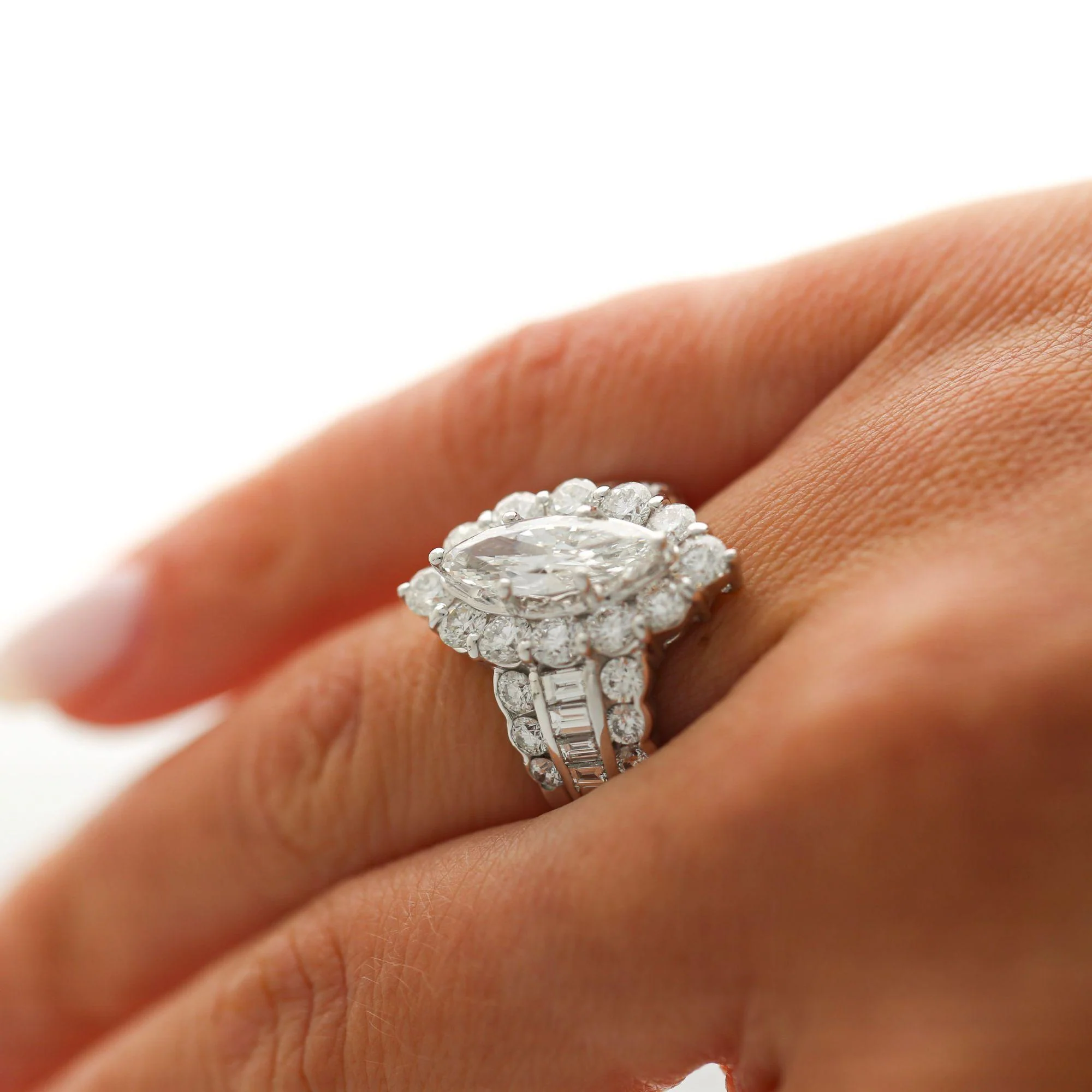 GIA Cert. 1.50 Marquise Diamond E/VS2 Cluster Halo Platinum Band Cocktail Ring - Image 5
