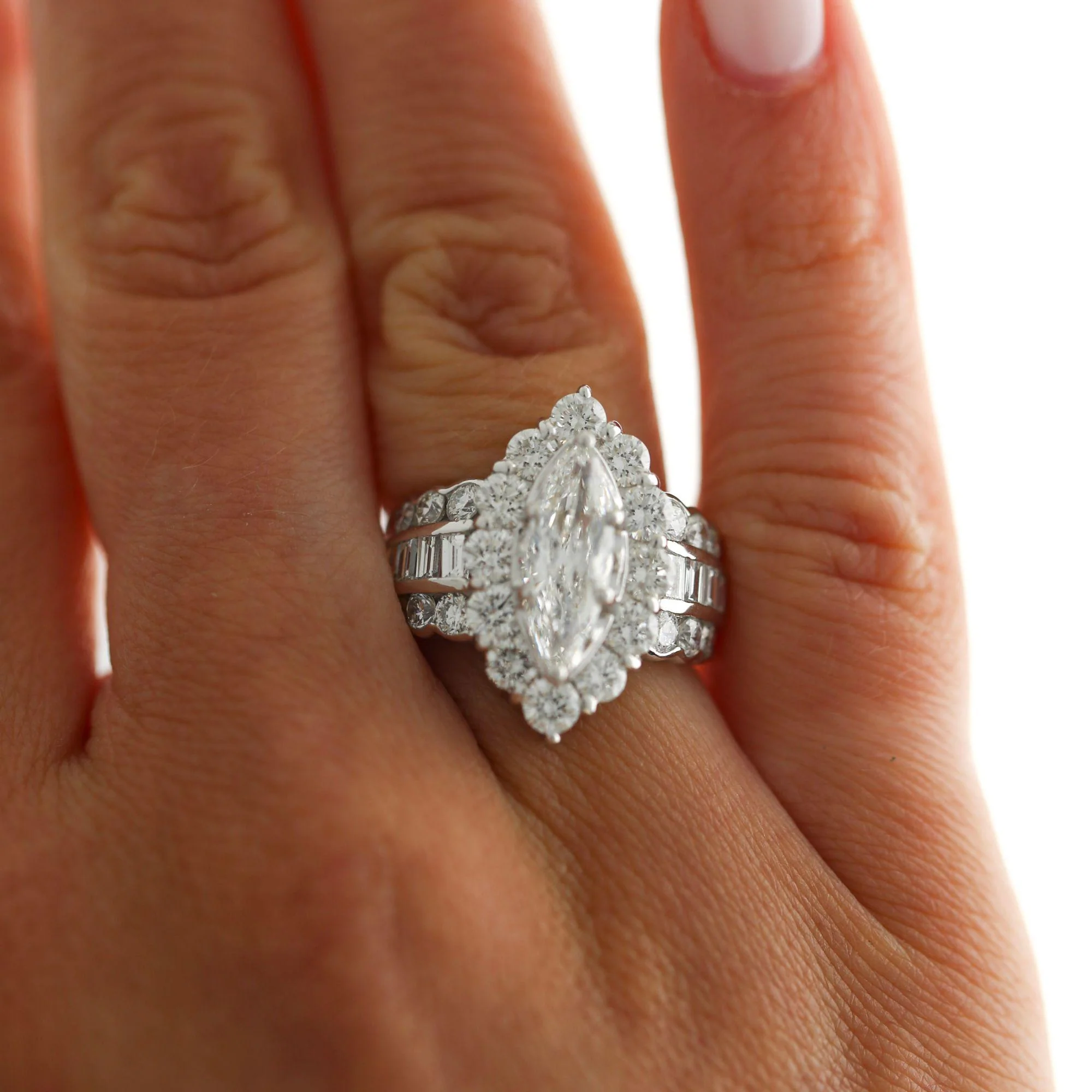 GIA Cert. 1.50 Marquise Diamond E/VS2 Cluster Halo Platinum Band Cocktail Ring - Image 7