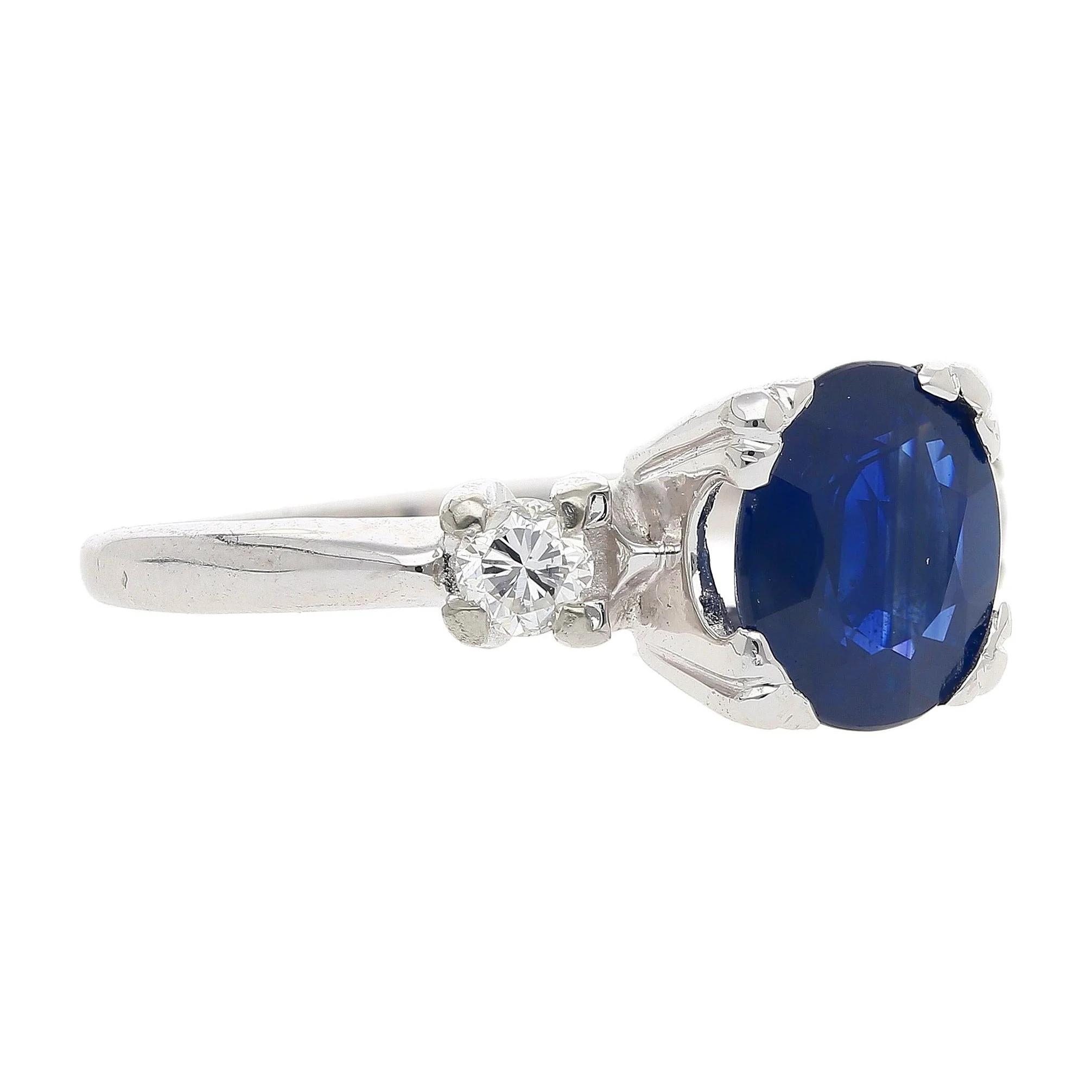 GIA Cert. 1.85 Carat Oval Blue Sapphire & Diamond 14K White Gold 3 Stone Ring - Image 4