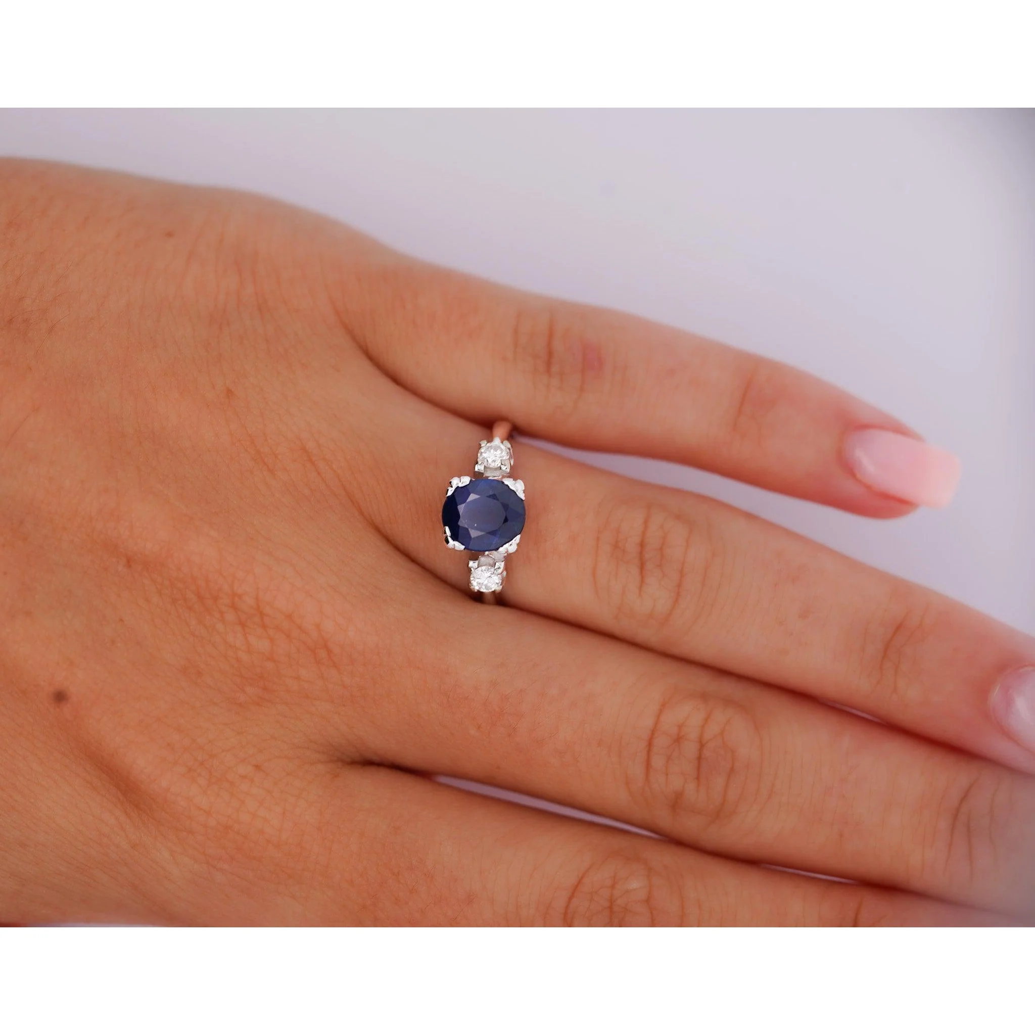 GIA Cert. 1.85 Carat Oval Blue Sapphire & Diamond 14K White Gold 3 Stone Ring - Image 6