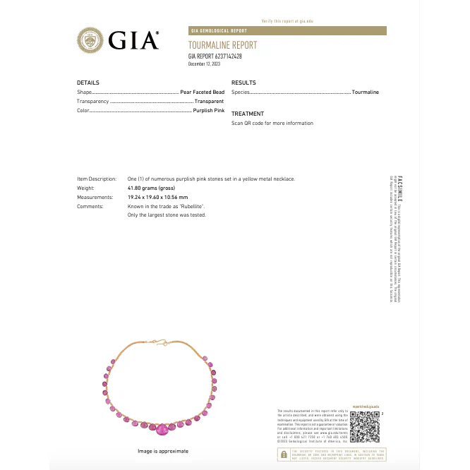 Vintage GIA Certified 120 Carat Pear-Shape Pink Rubellite Tourmaline Necklace in 22k Yellow Gold - Image 7